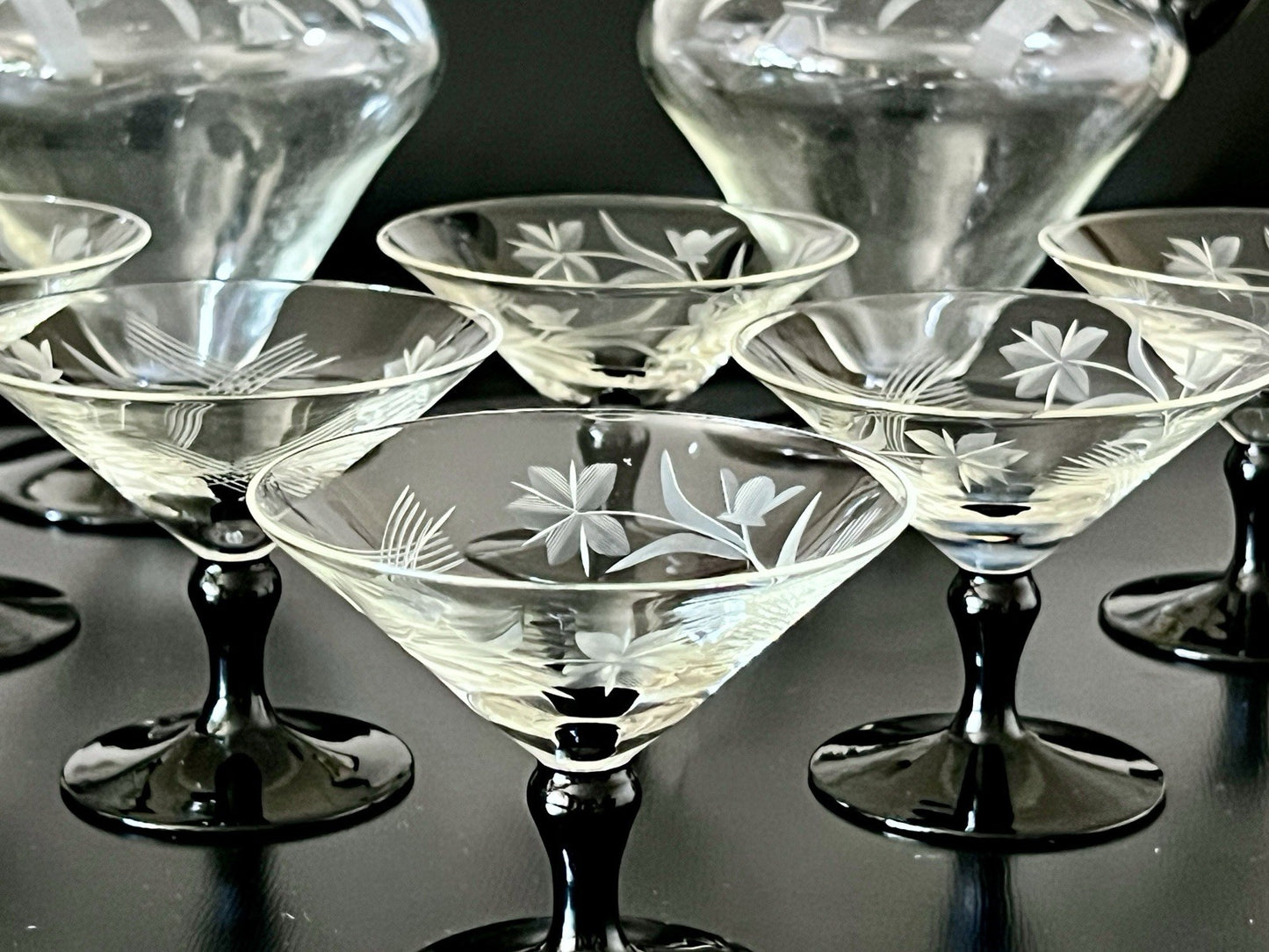 Antik Art Déco Likör 2x Karaffe & 6 Gläser Likörschalen Glas schwarz Stiel