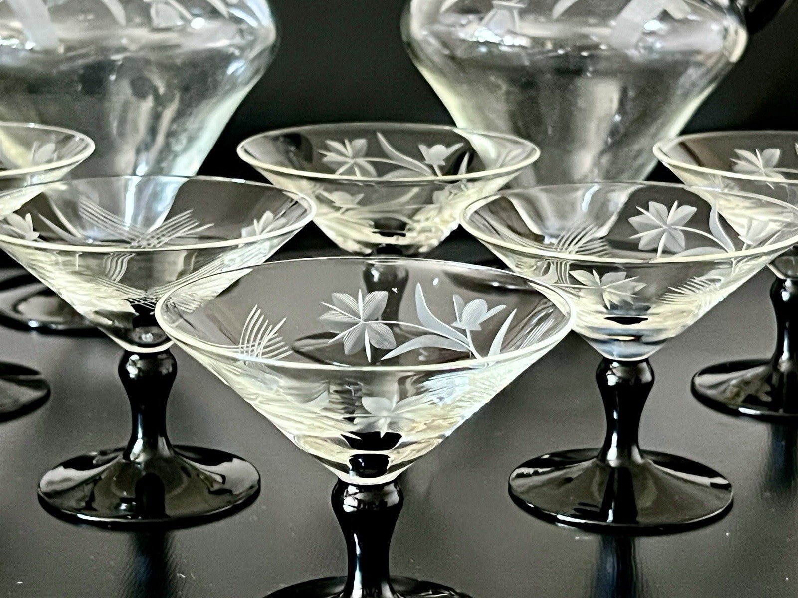 Antik Art Déco Likör 2x Karaffe & 6 Gläser Likörschalen Glas schwarz Stiel