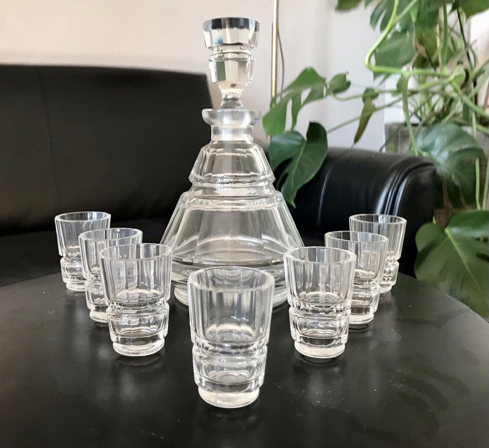 Antik 1930 Art Déco Karaffe Likör Set 7 Gläser Entwurf J.Hoffmann f. Moser&Söhne