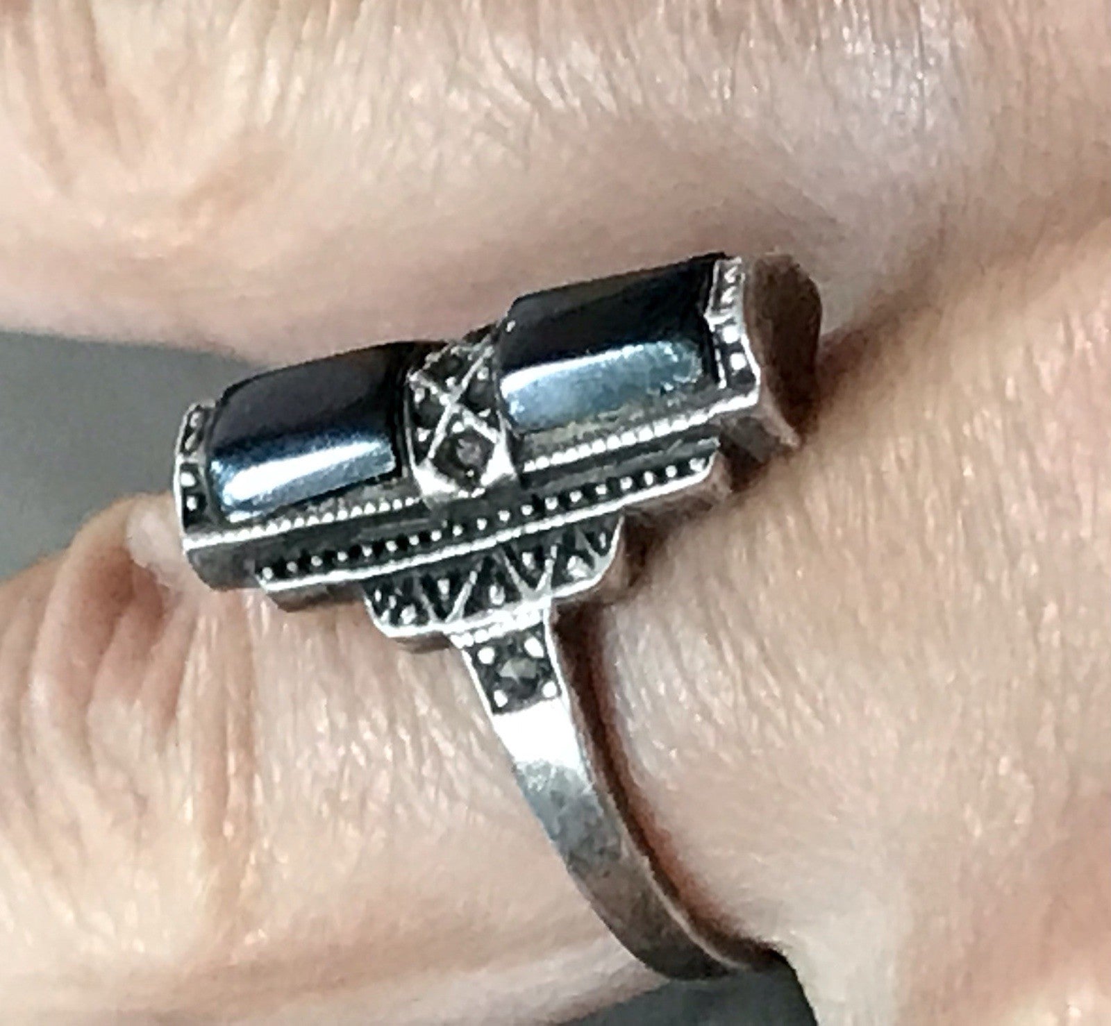 Antik Art Déco Damen Schiffchen Ring Onyx 925 Silber Gr.56 Markasite 18,1