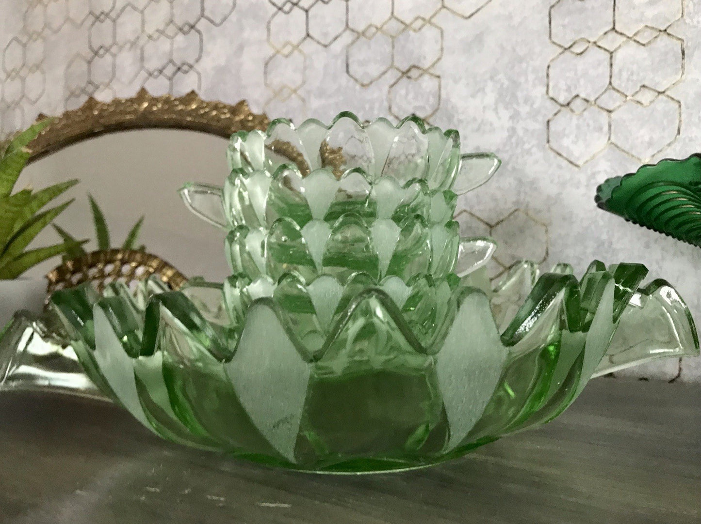 Antik Set grün Dessert Kompott Eis Schale 5x Schälchen Pressglas Art Déco Griffe