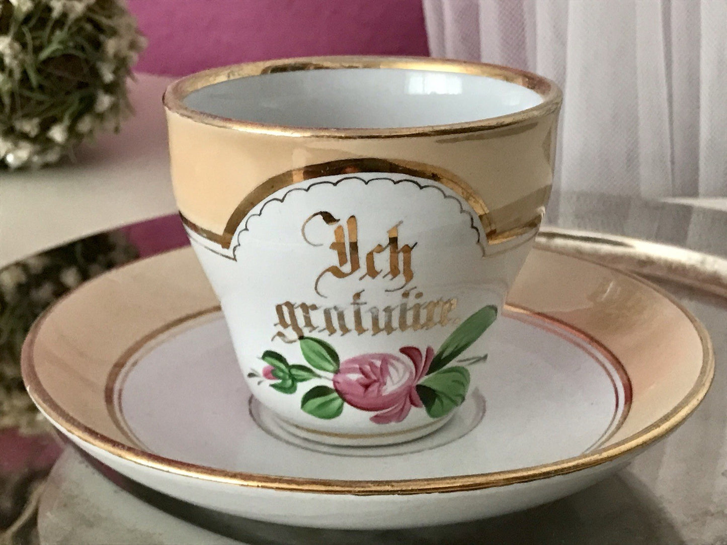 Antik Keramik ? Porzellan? Andenken Gedeck Sammeltasse Tasse „Ich gratulire“