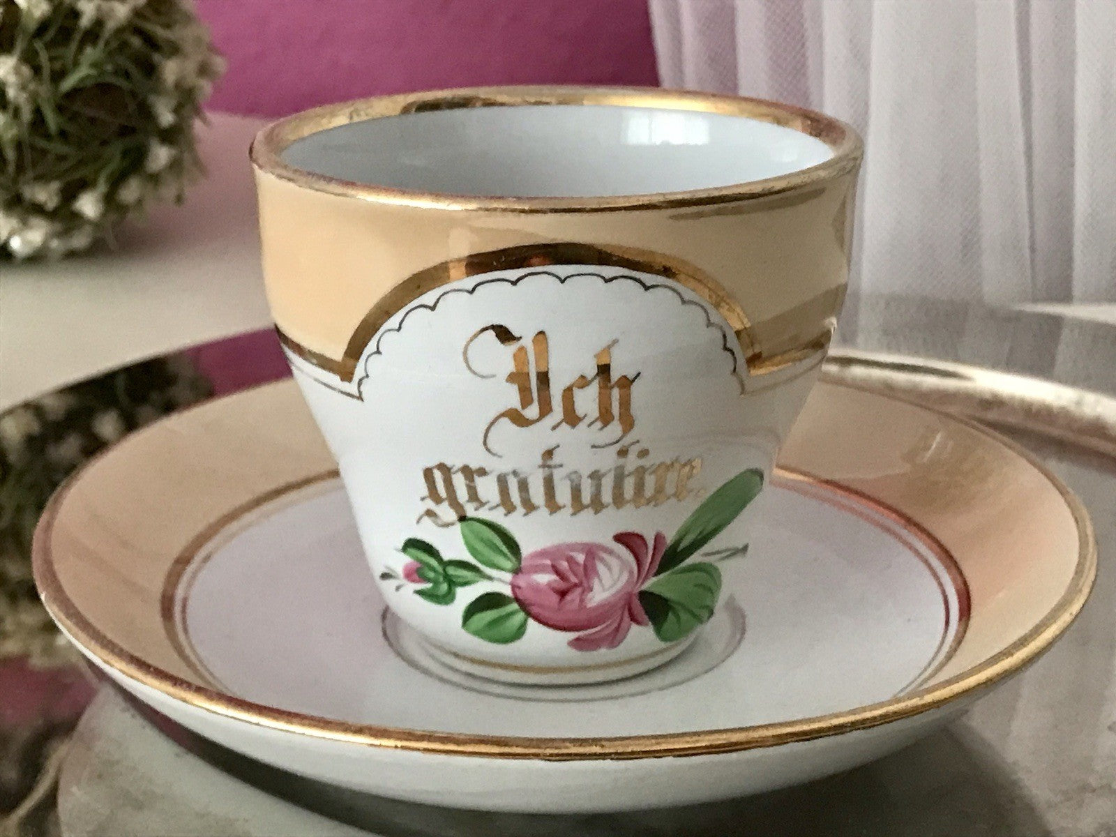 Antik Keramik ? Porzellan? Andenken Gedeck Sammeltasse Tasse „Ich gratulire“