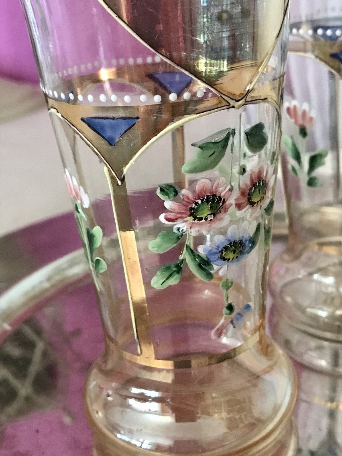 Antik Jugendstil Emaile -Malerei Glas Fußbecher Becher Pokal Bierglas irisierend