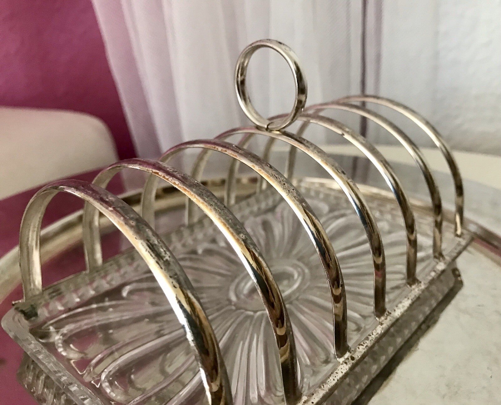 Vintage Toastbrot Ständer Halter versilbert Glaseinsatz Kristallglas 60er Jahre