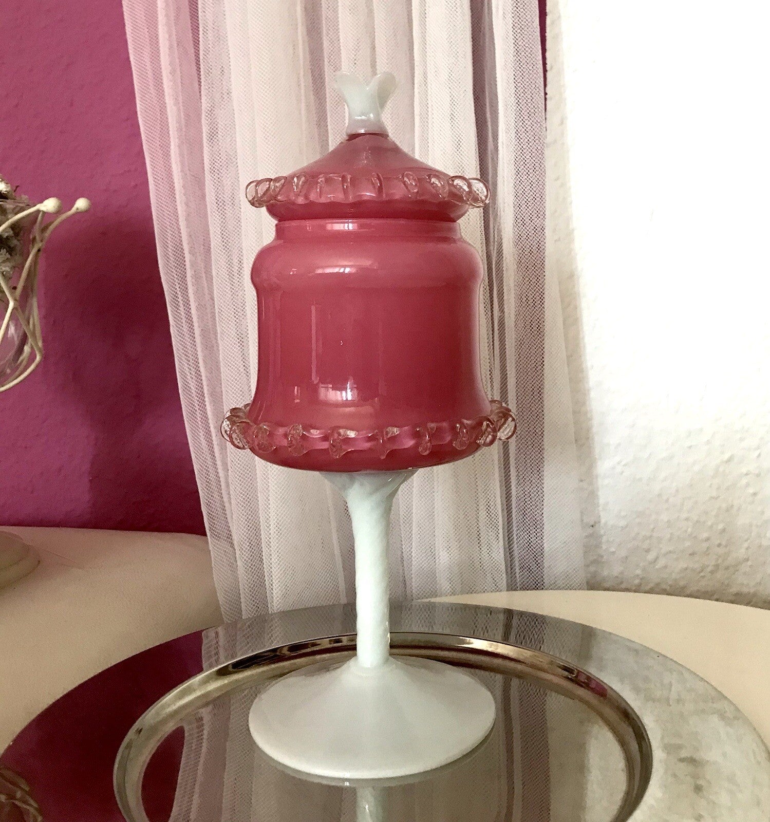 Vintage 60er Empoli Fußschale Schale Bonboniere rosa weiß Deckelvase Designer