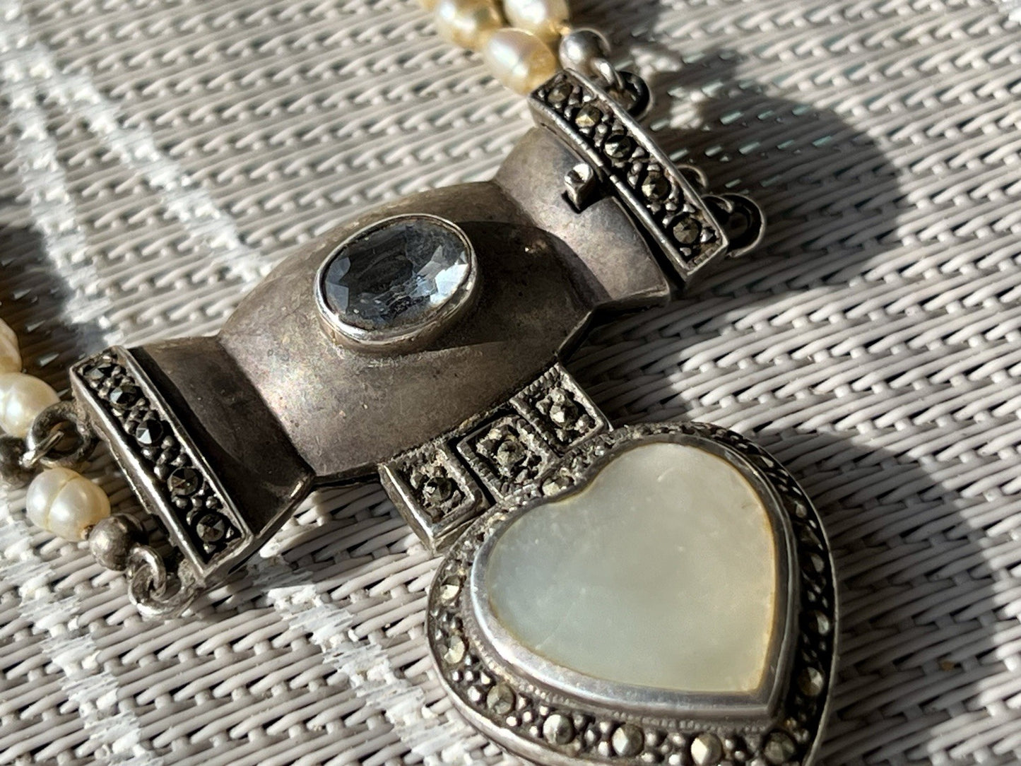 Antik  Jugendstil Silber Collier Perlen Halskette Herz Markasite blauer Stein