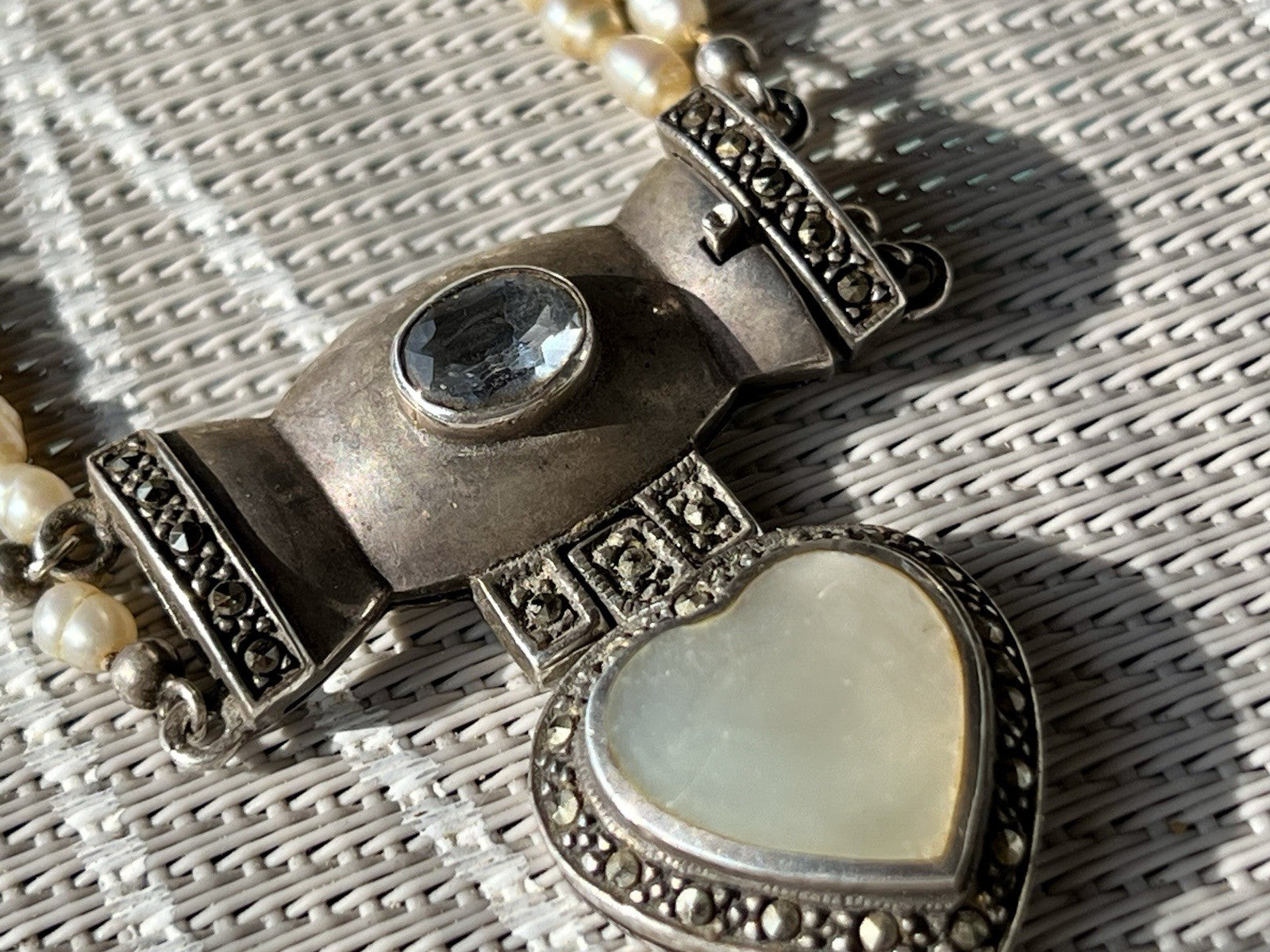 Antik  Jugendstil Silber Collier Perlen Halskette Herz Markasite blauer Stein
