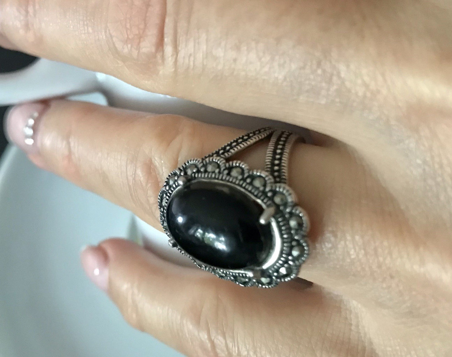 Antik? alt Art Déco Edel Onyx Markasite DAMEN RING Silber 925 Gr.57 18,1