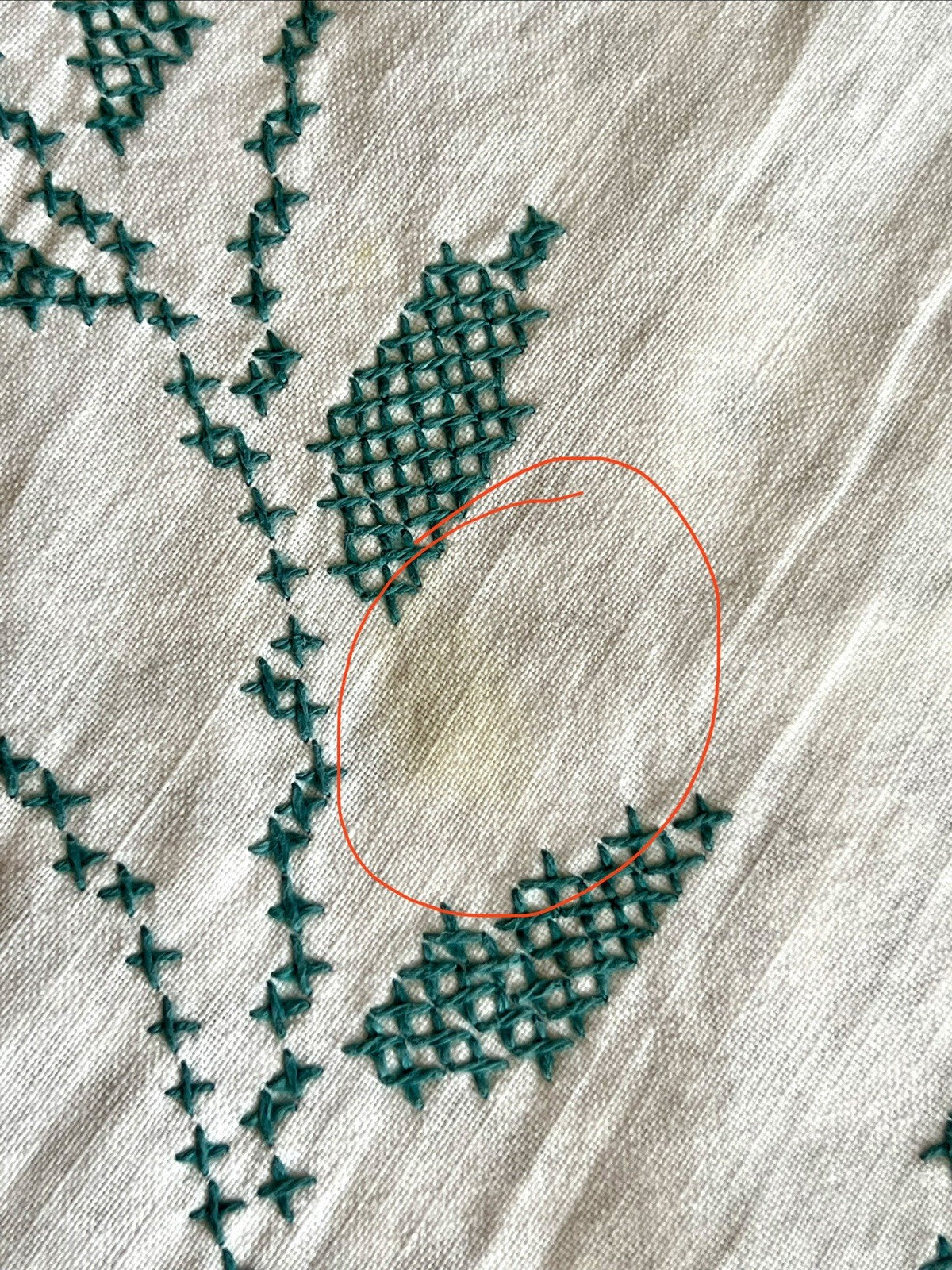 Antik Tischdecke  Art Dèco Stickerei bestickt weiß Blau Leinenmischung