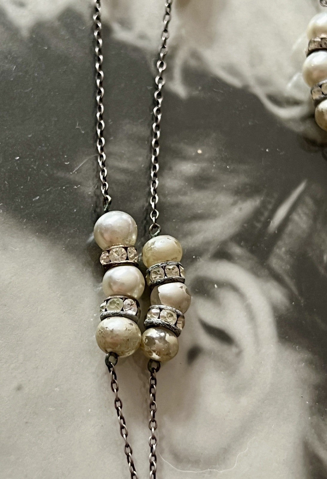 Vintage Antik? 835 Silber Collier Halskette Perlen Strass/ Steine?
