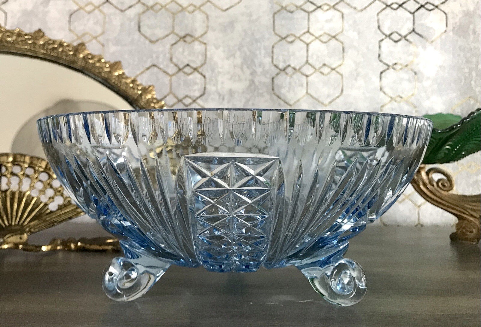 Antik EDEL blau Art Déco Schale Glasschale mundgeblasen geschliffen 3füssig