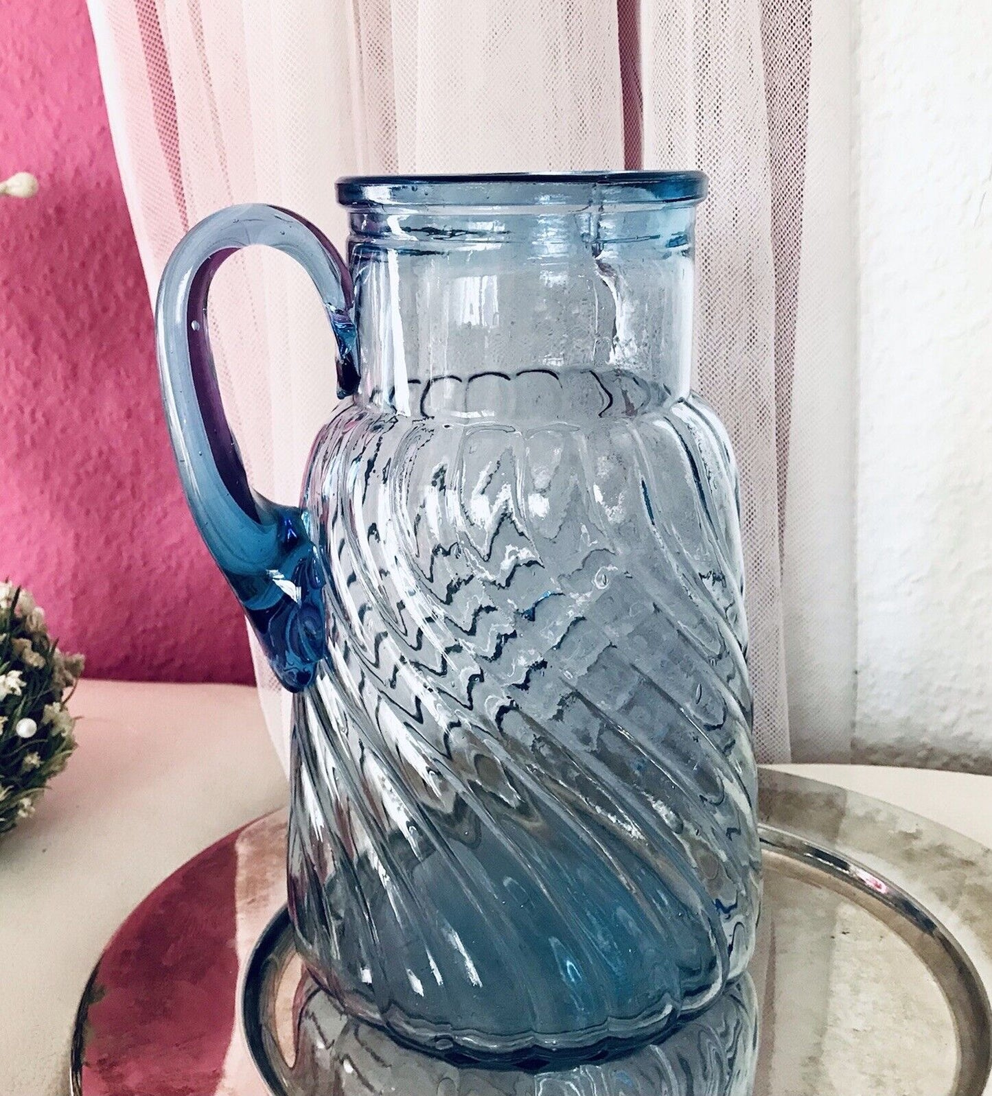 Antik Art Déco Kanne Krug Glaskrug Karaffe Glas blau Walzenmuster