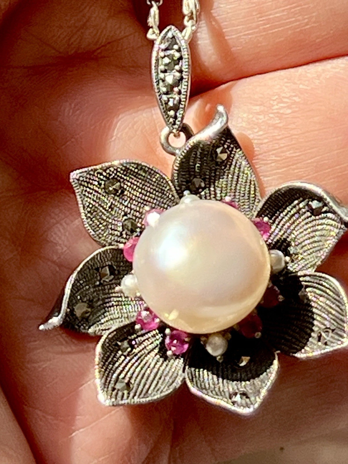 GROß rund Kettenanhänger Anhänger 925 Silber Perle Rubine Markasite Orchidee