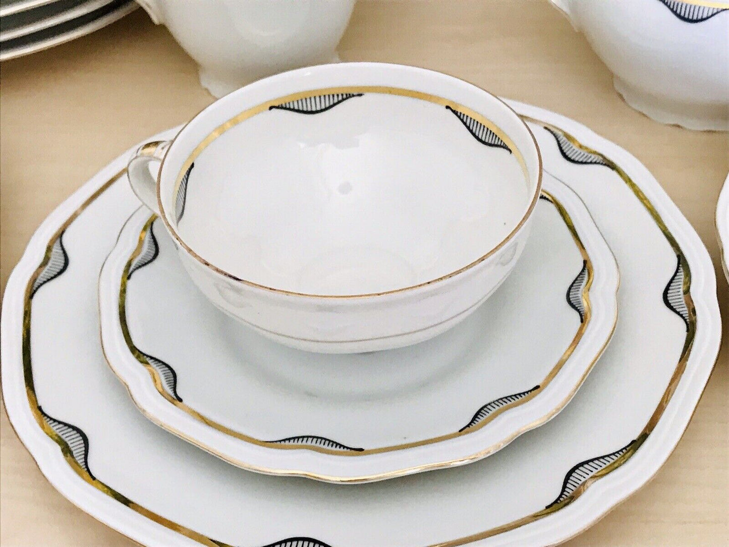 Antik Art Déco Porzellan Kaffeeservice 10 Pers. ivory schwarz gold