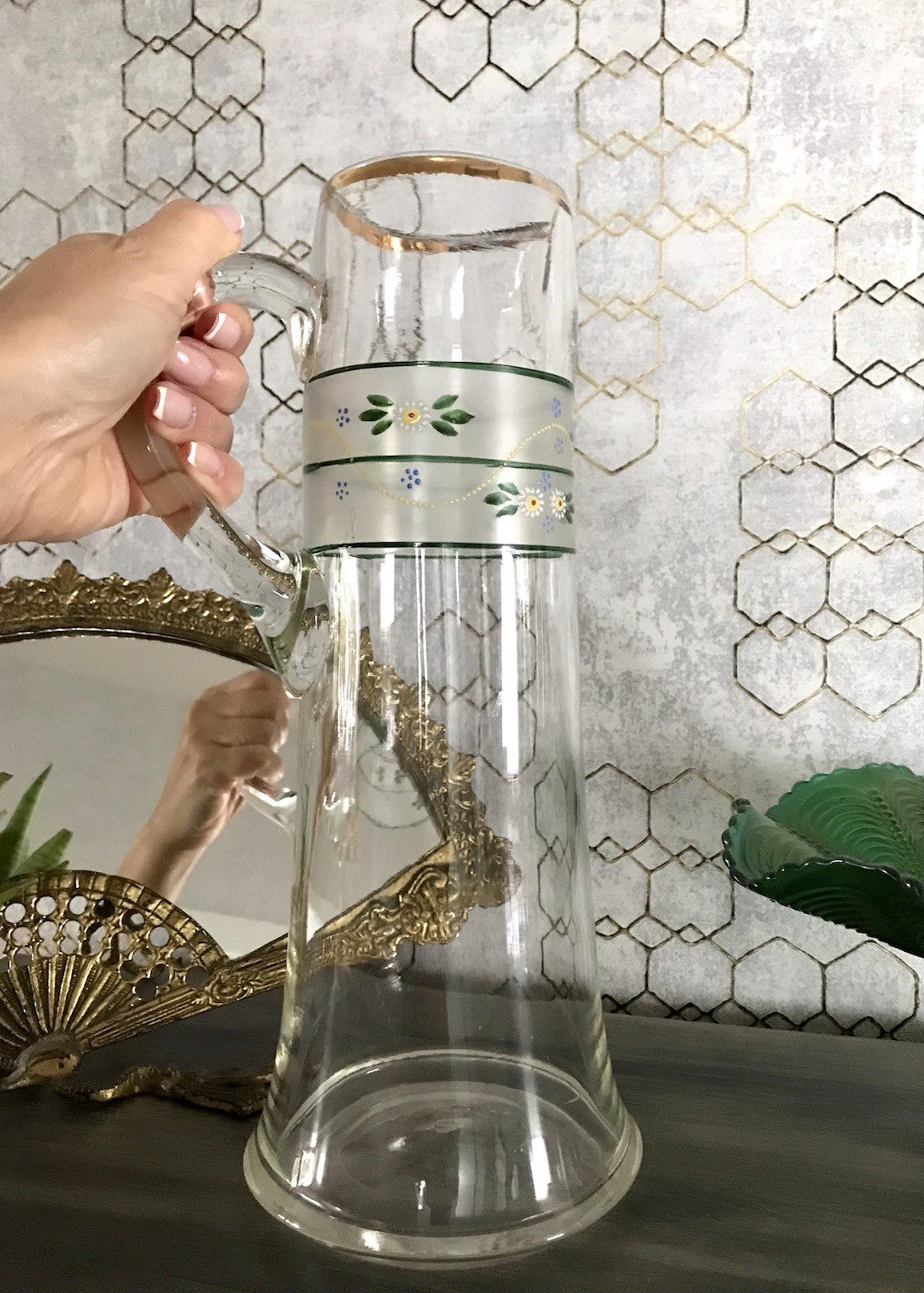 Antik Jugendstil große Karaffe Krug Schankkrug Emaile Golddekor Kanne