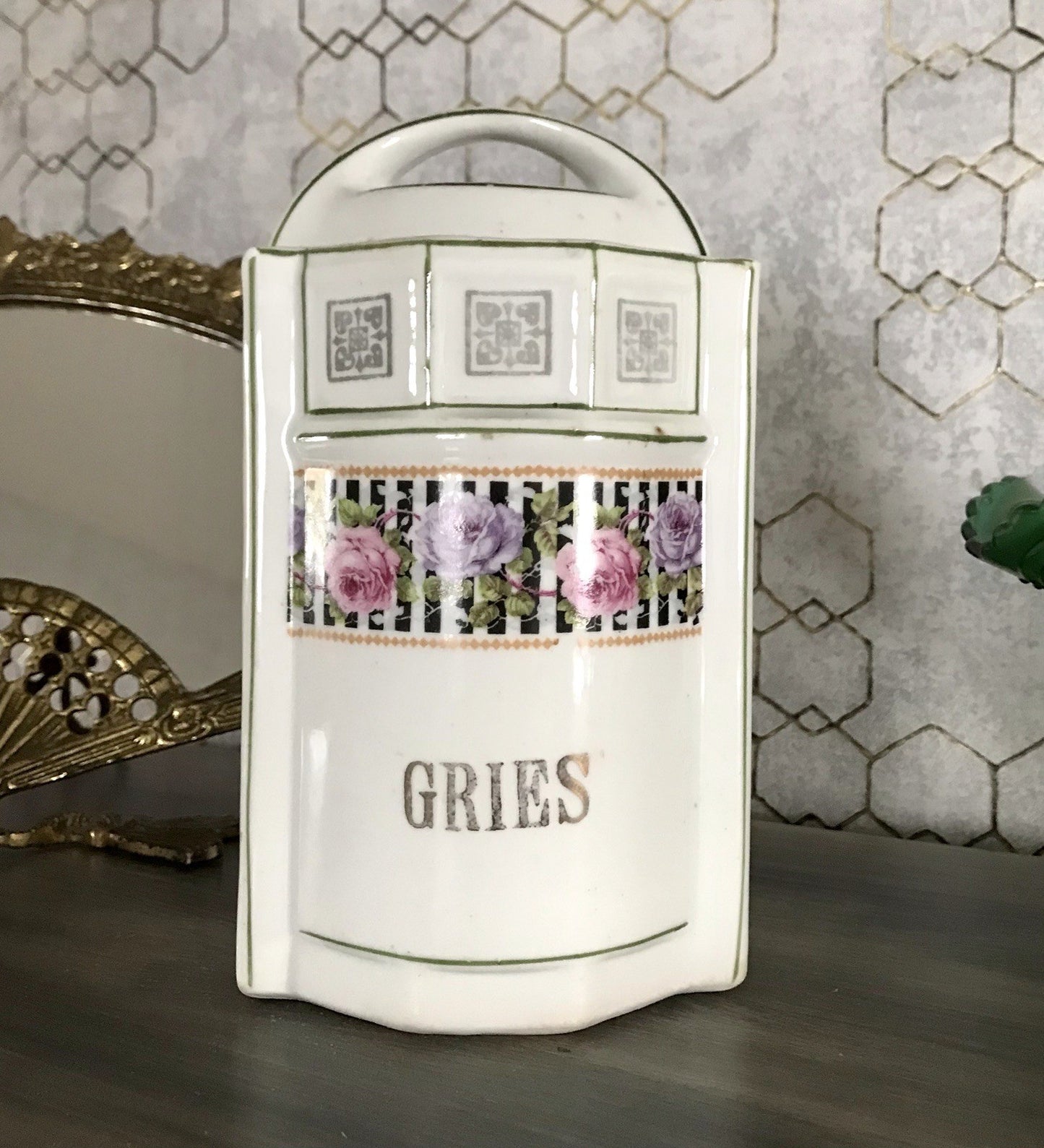 Antik Porzellan Dose Vorratsgefäß Vorratsdose Gries Rosen Jugendstil Art Déco
