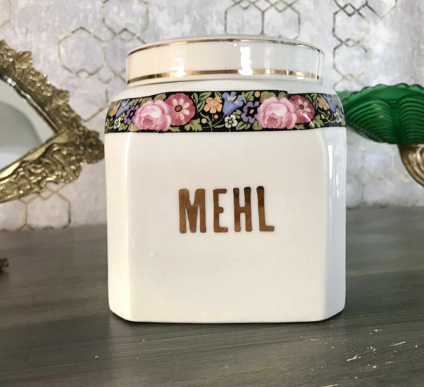 Antik Porzellan Dose Vorratsgefäß Vorratsdose Mehl Blumenborte Art Déco