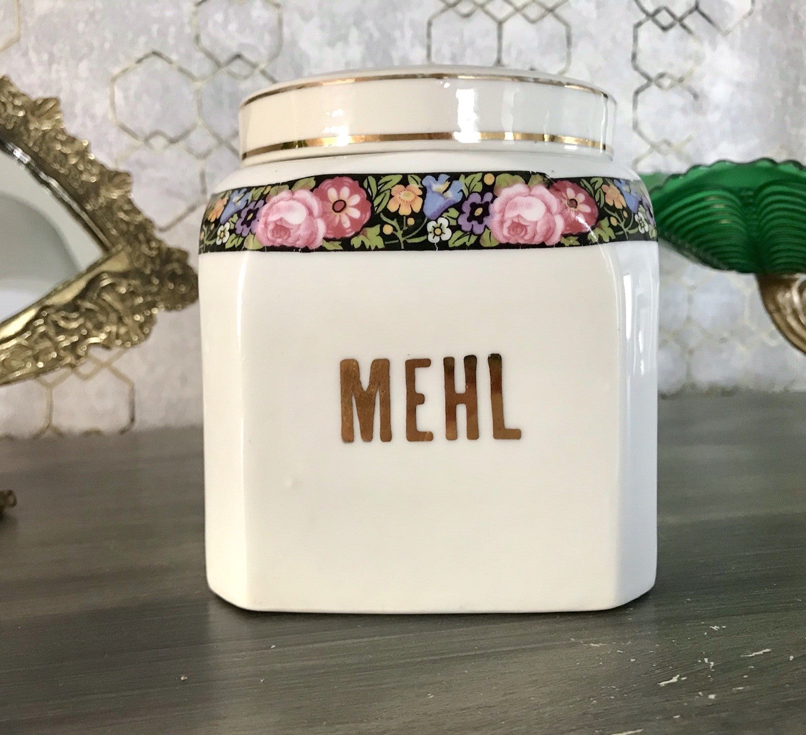 Antik Porzellan Dose Vorratsgefäß Vorratsdose Mehl Blumenborte Art Déco