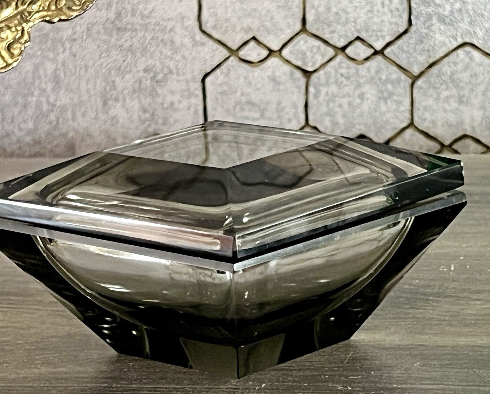 EDEL Art Déco antik Glasdose Kristallglas Frisiertisch Dose grau Schliff