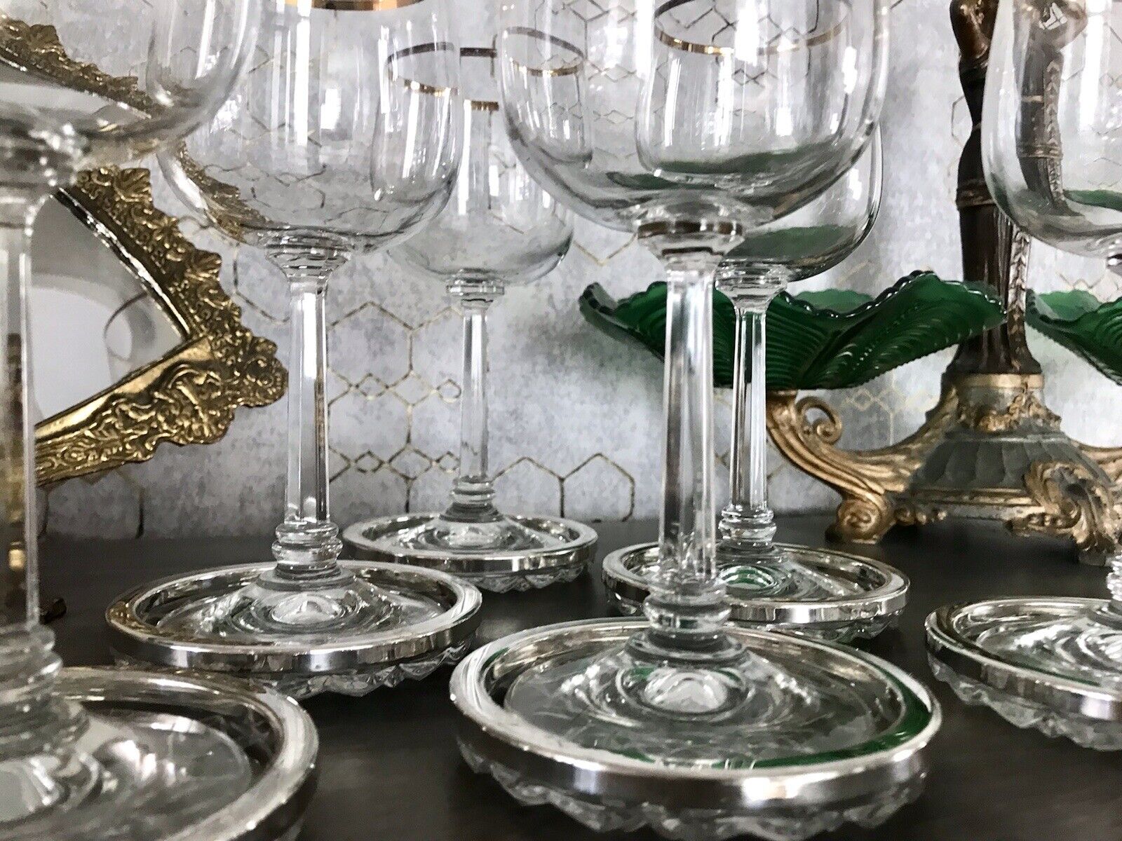 Vintage 6x Untersetzer für Weingläser Glas Kristallglas Bleikristall versilbert