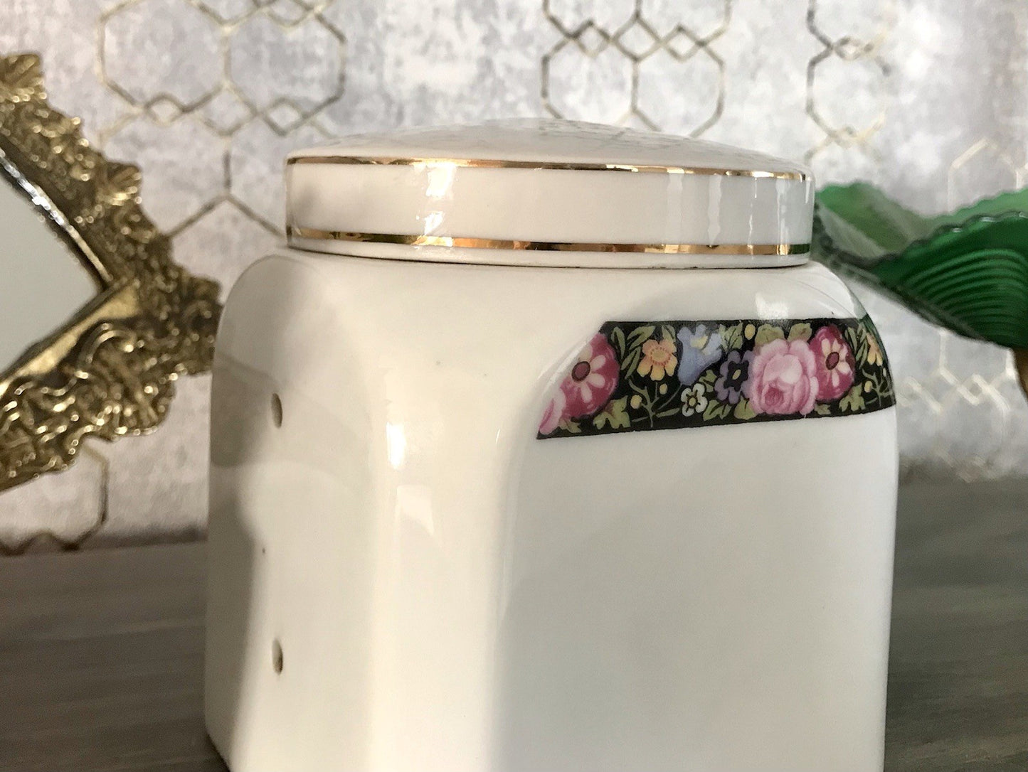 Antik Porzellan Dose Vorratsgefäß Vorratsdose Salz Blumenborte Art Déco