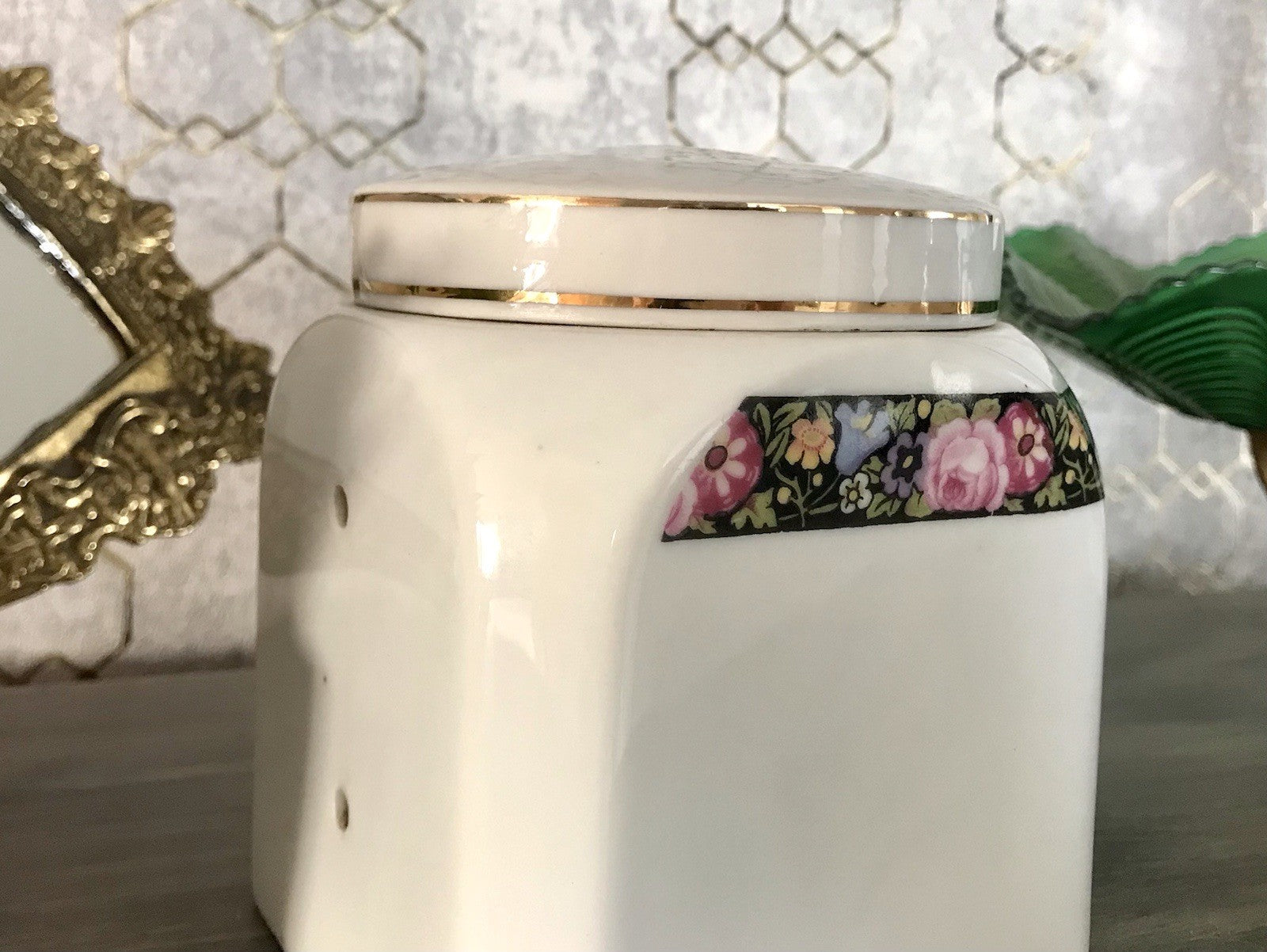 Antik Porzellan Dose Vorratsgefäß Vorratsdose Salz Blumenborte Art Déco