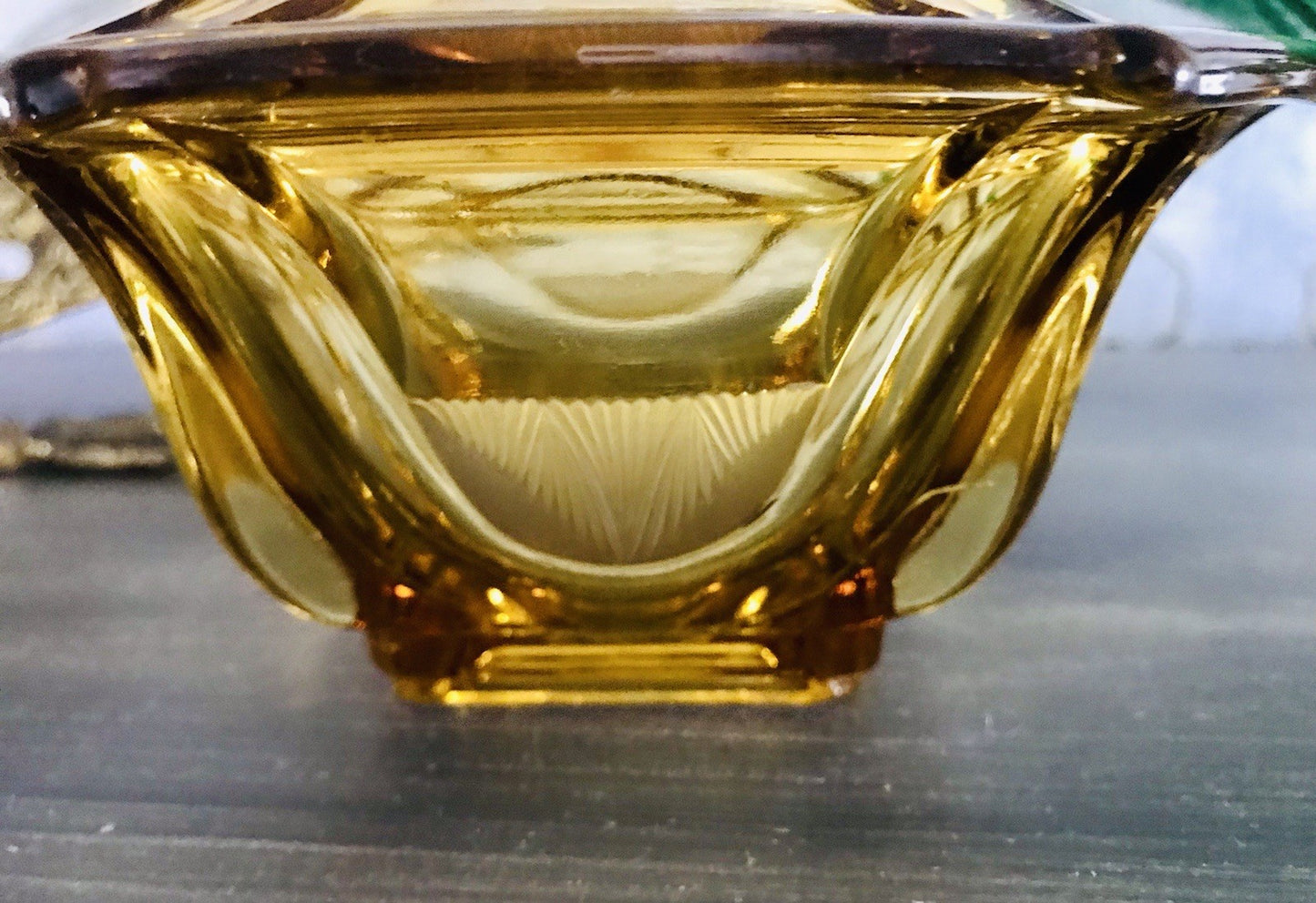 Antik Art Déco Dose Glasdose Pressglas Bernstein Gelb Amber