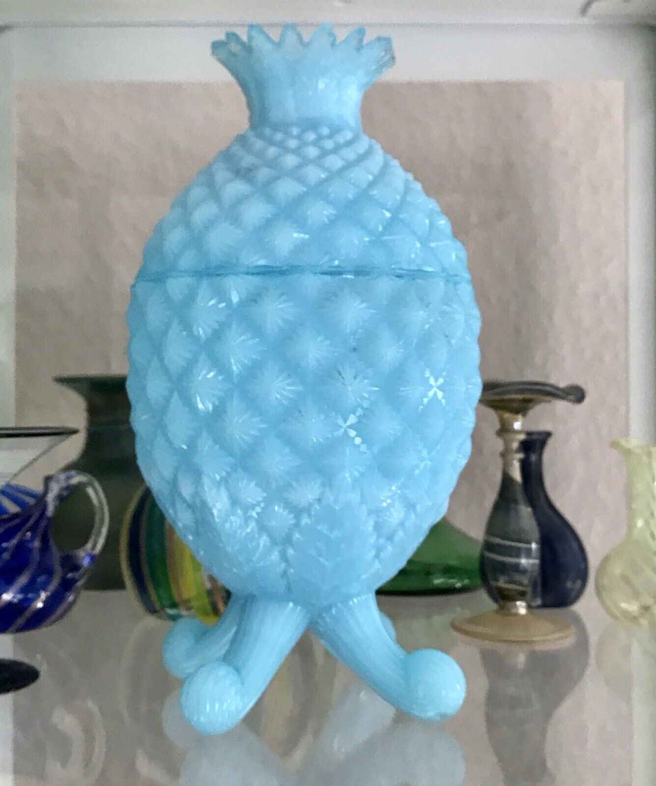 Antik Jugendstil Ananas Glasdose Dose Opalglas Deckeldose blau Pressglas SCHÖN!