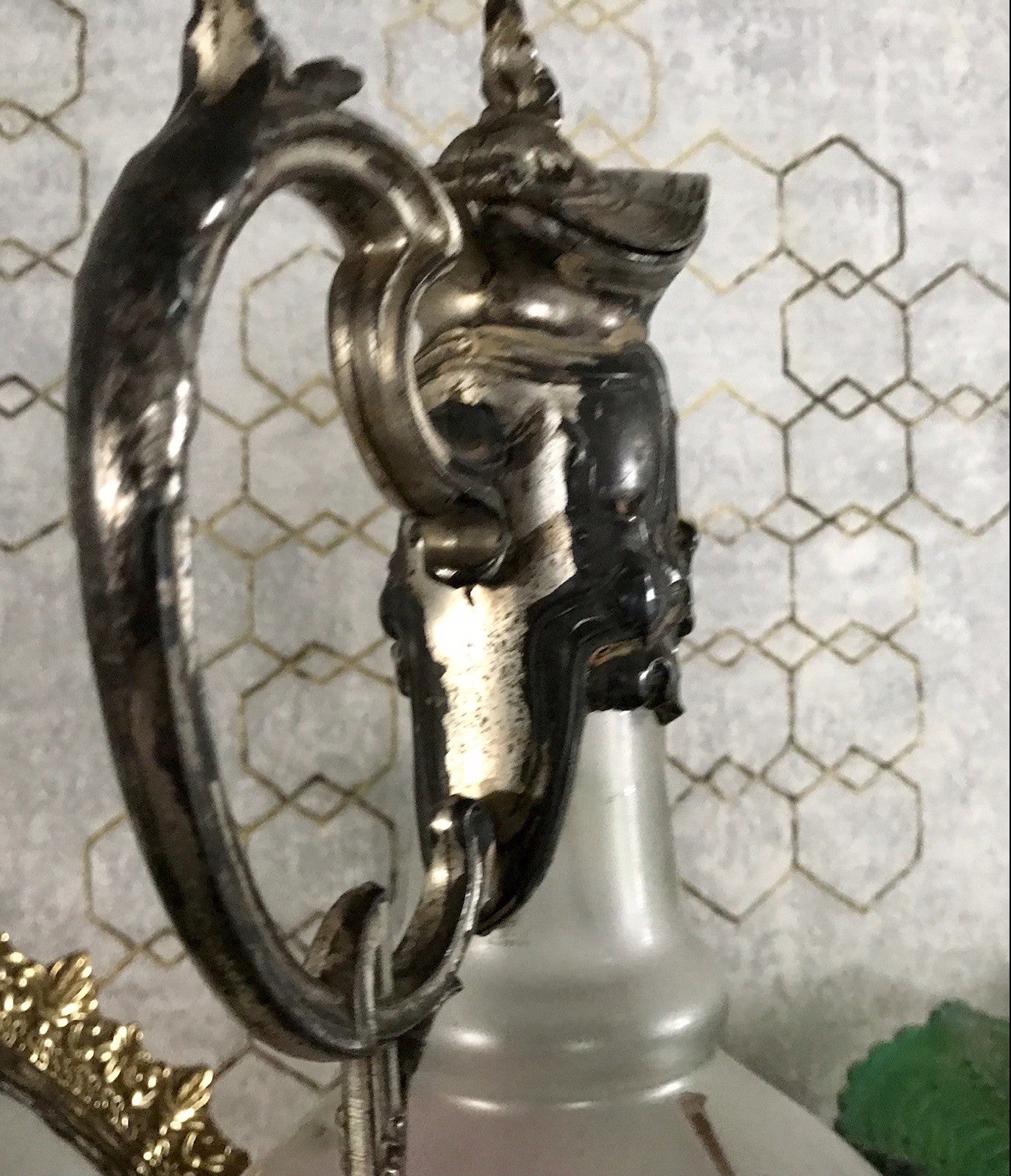 Antik Legras Karaffe Dekanter Schankkrug Glas versilbert Montur bemalt