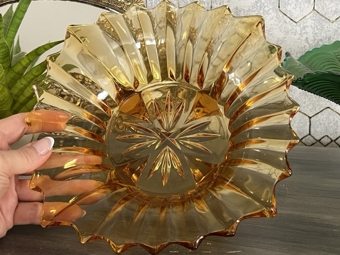 Antik Jardiniere Brockwitz Prismen Bernstein gelb Art Déco Schale Pressglas Glas
