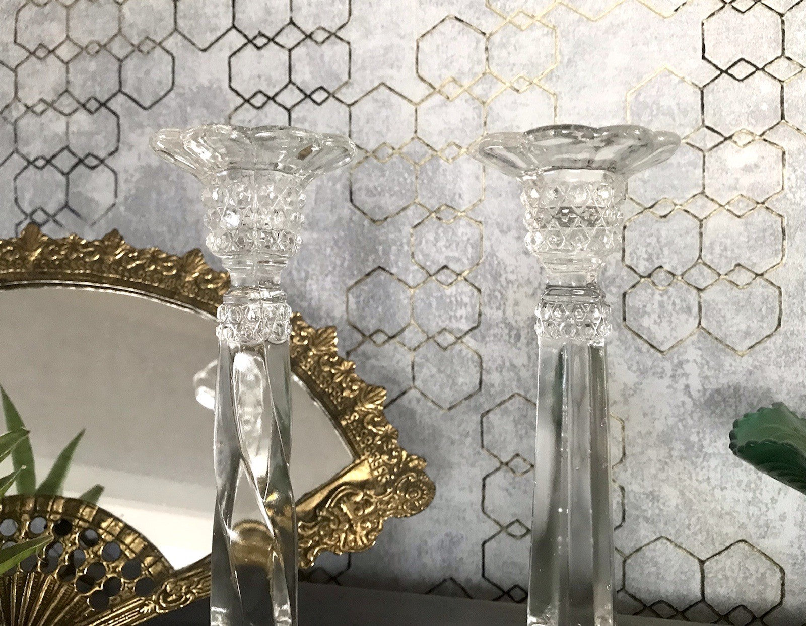 Antik Art Déco 2x Kerzenleuchter Leuchter Kerzenständer Pressglas Glas