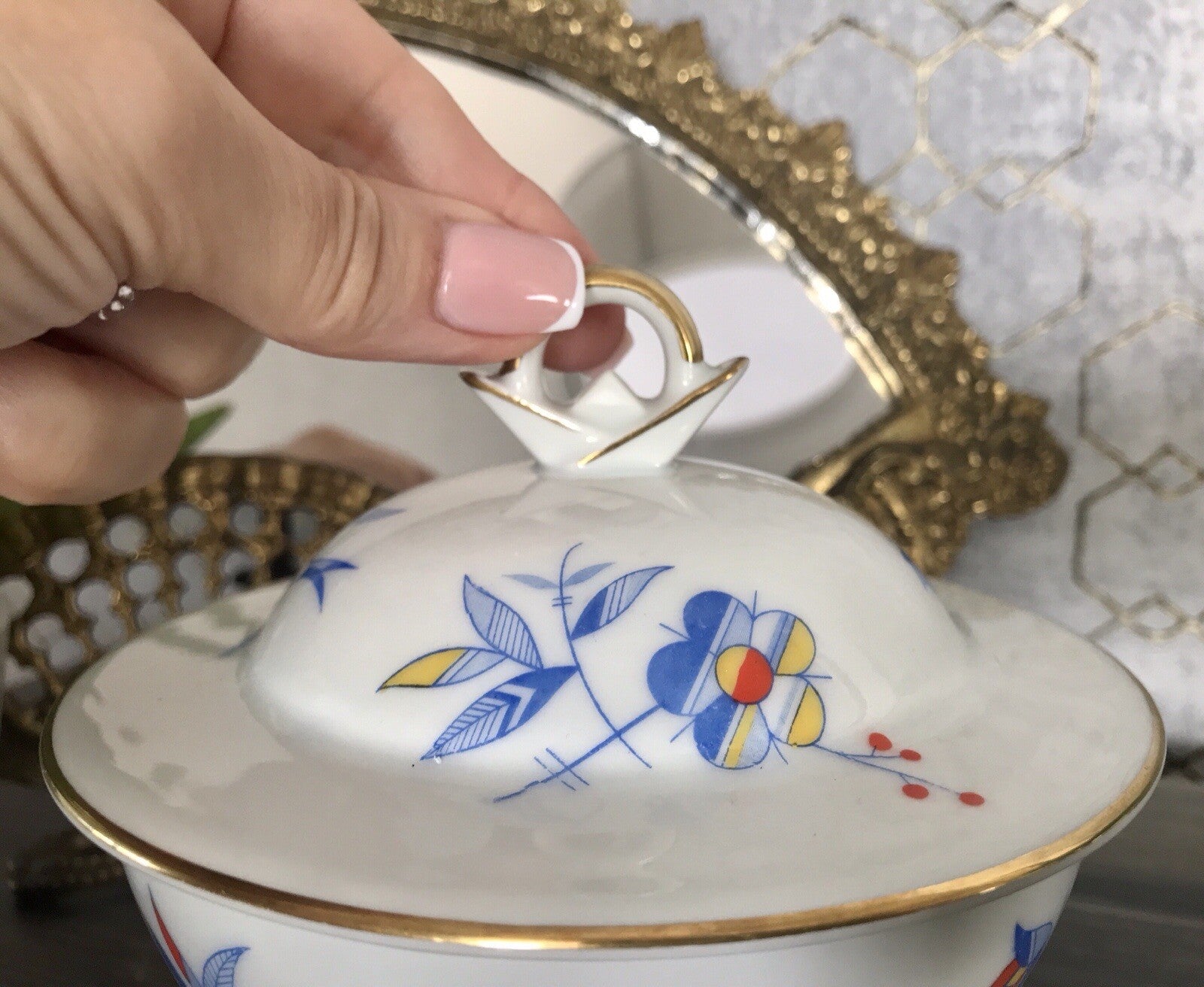 Antik Art Déco Porzellan Dose Deckeldose Schatulle Bonboniere Ullersricht Weiden