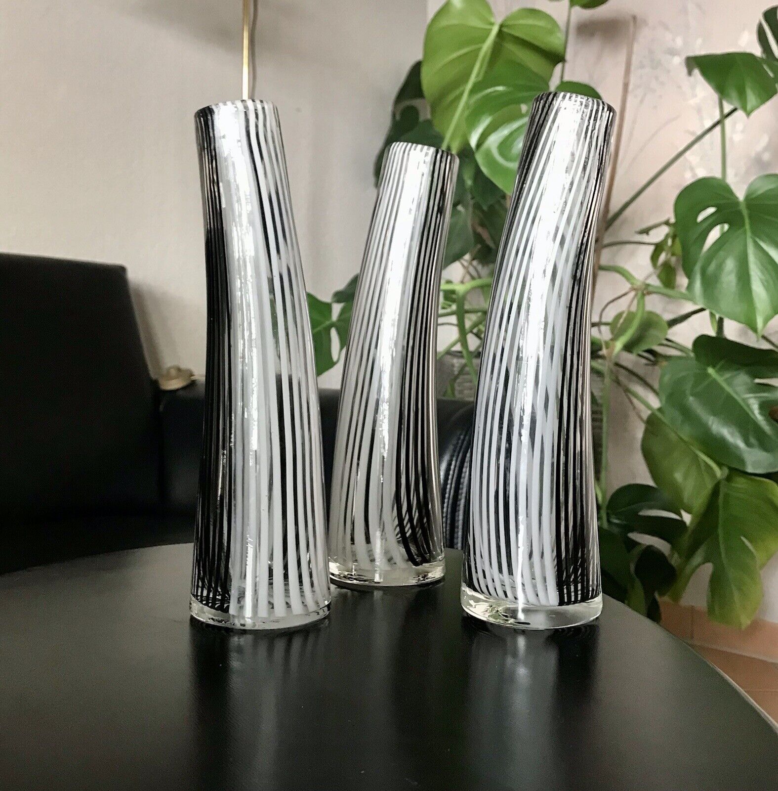 Vintage 3x Dino Martens Vase Glasvase Bianca Nero Streifen Glaskunst Murano