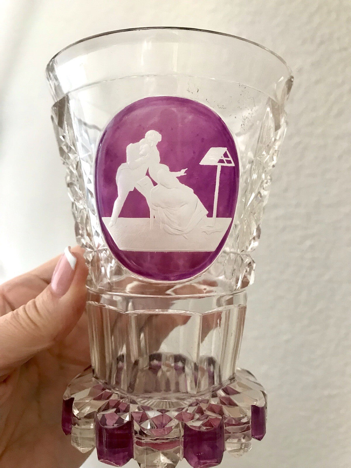 Antik ~1830 Fußbecher Ranftbecher Pokalglas Kristallglas Watteauszene Liebespaar