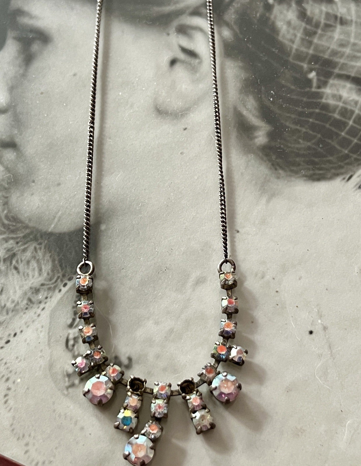 Vintage Antik? 835 Silber Collier Halskette Aurora Borealis? Steine