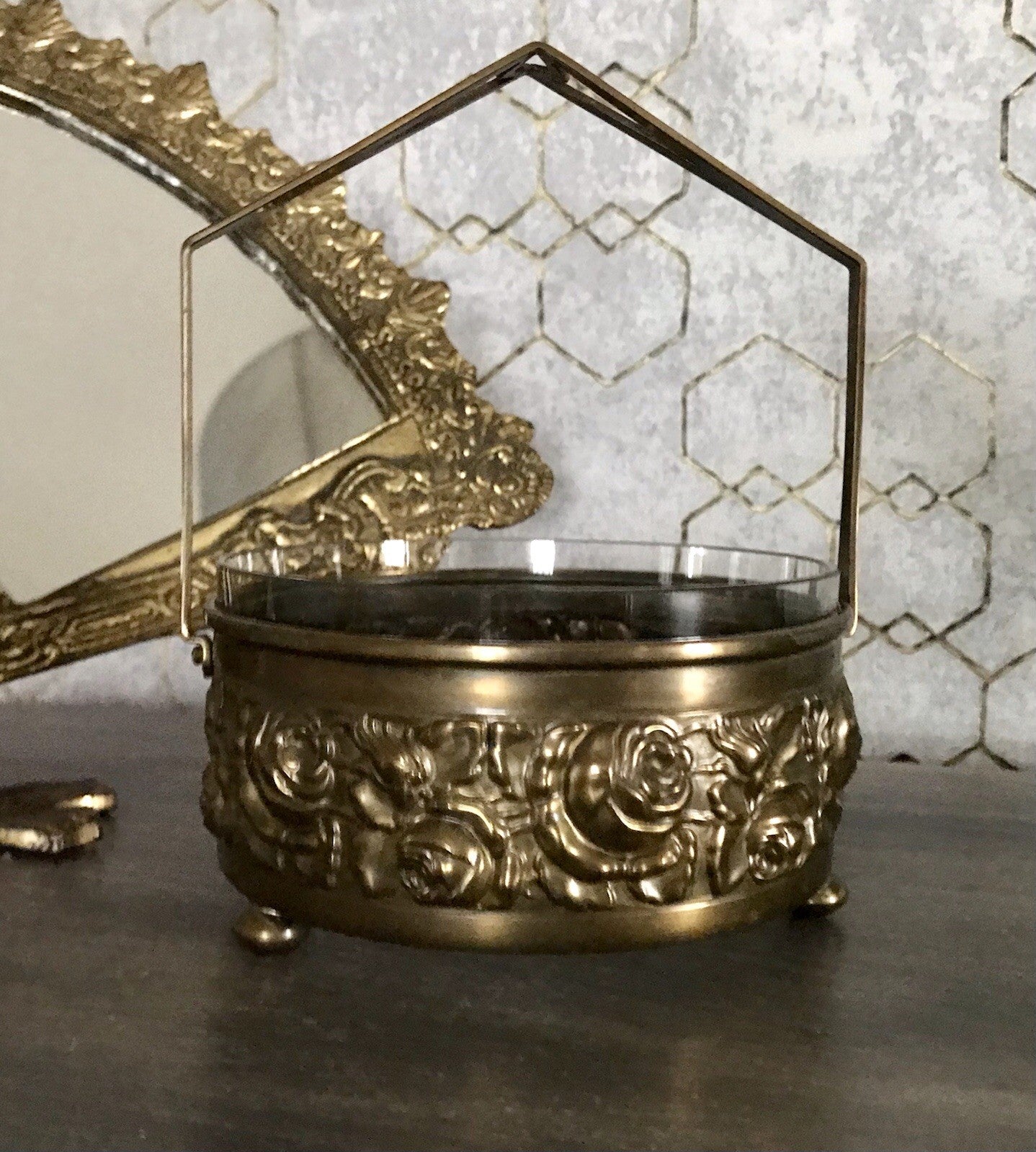 Antik Jugendstil Art  Déco Messing Montur Rosen Schale Bonboniere Glaseinsatz