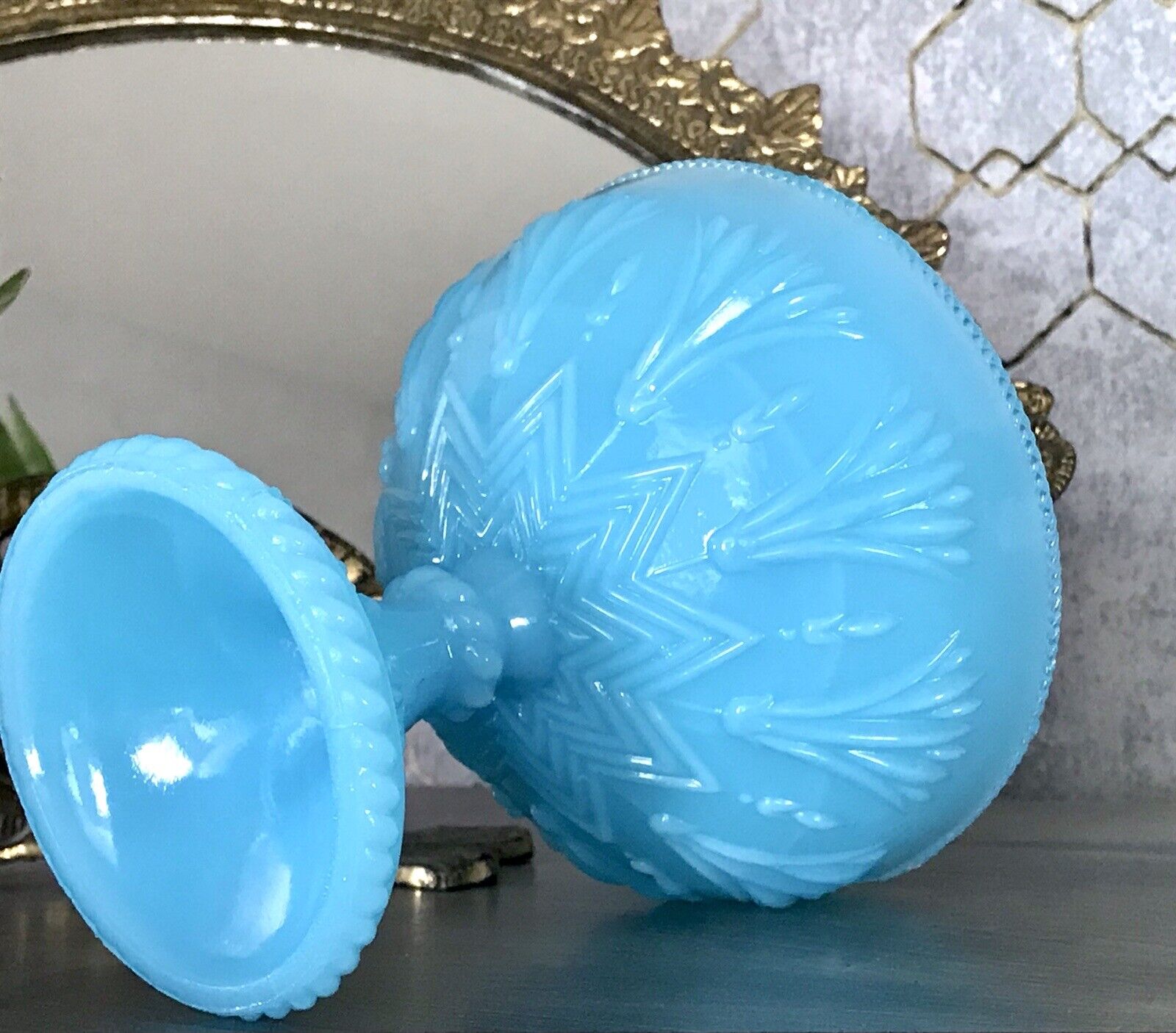Antik Jugendstil Art Déco Pressglas Schale Fußschale Zuckerschale blau türkis