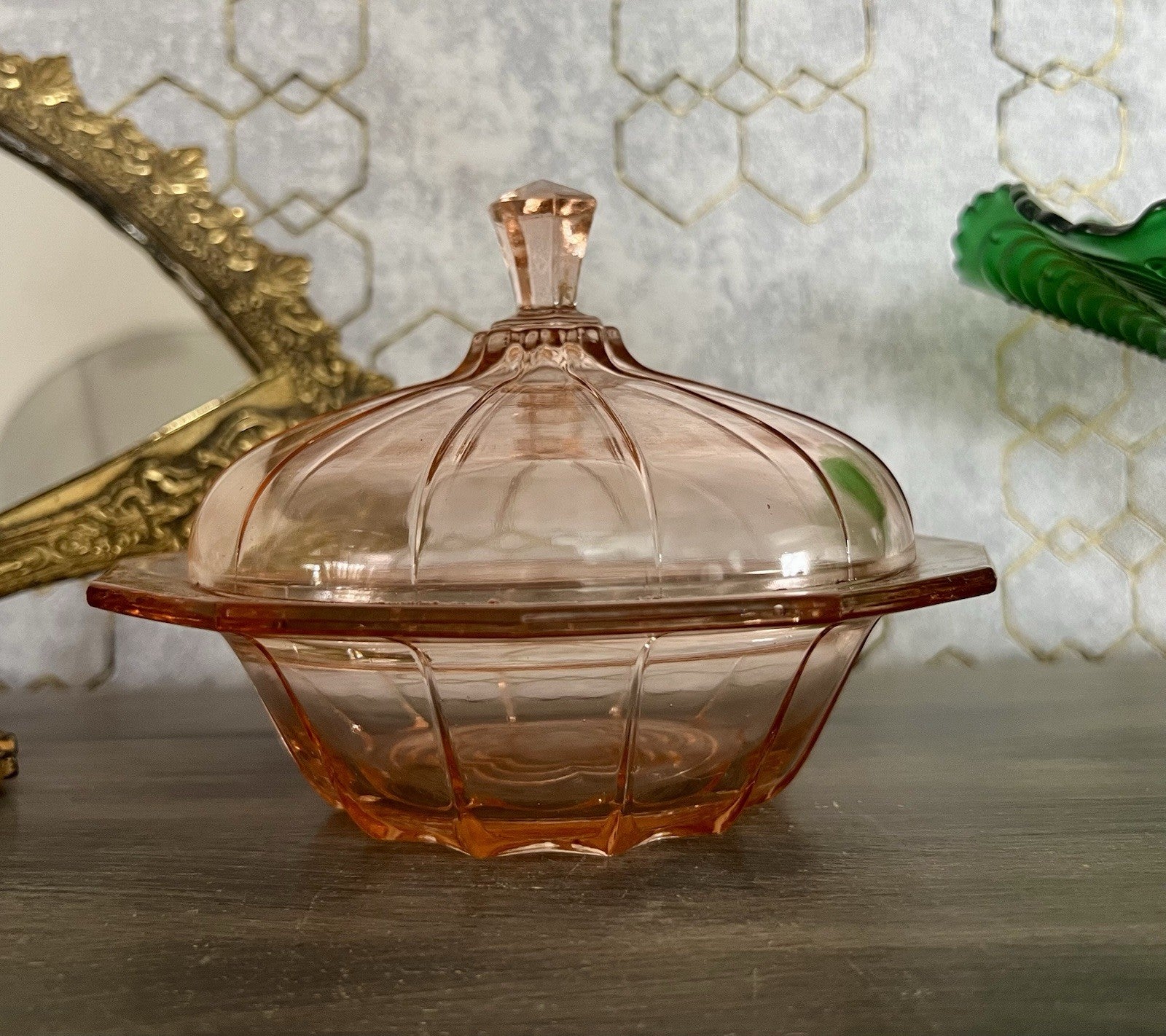 Antik Art Déco Dose Deckeldose Rosalin Rosa Pressglas