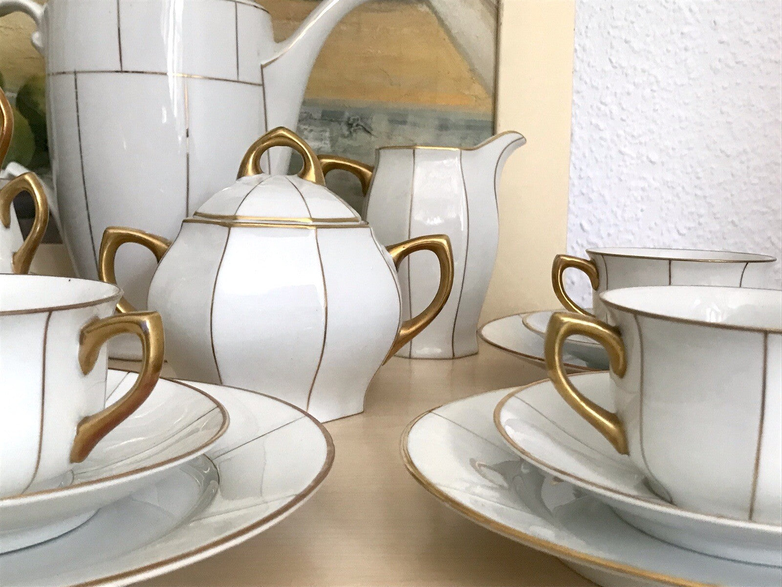 Antik Art Déco Porzellan 10+ Personen Kaffeeservice EDEL weiß Golddekor kantig