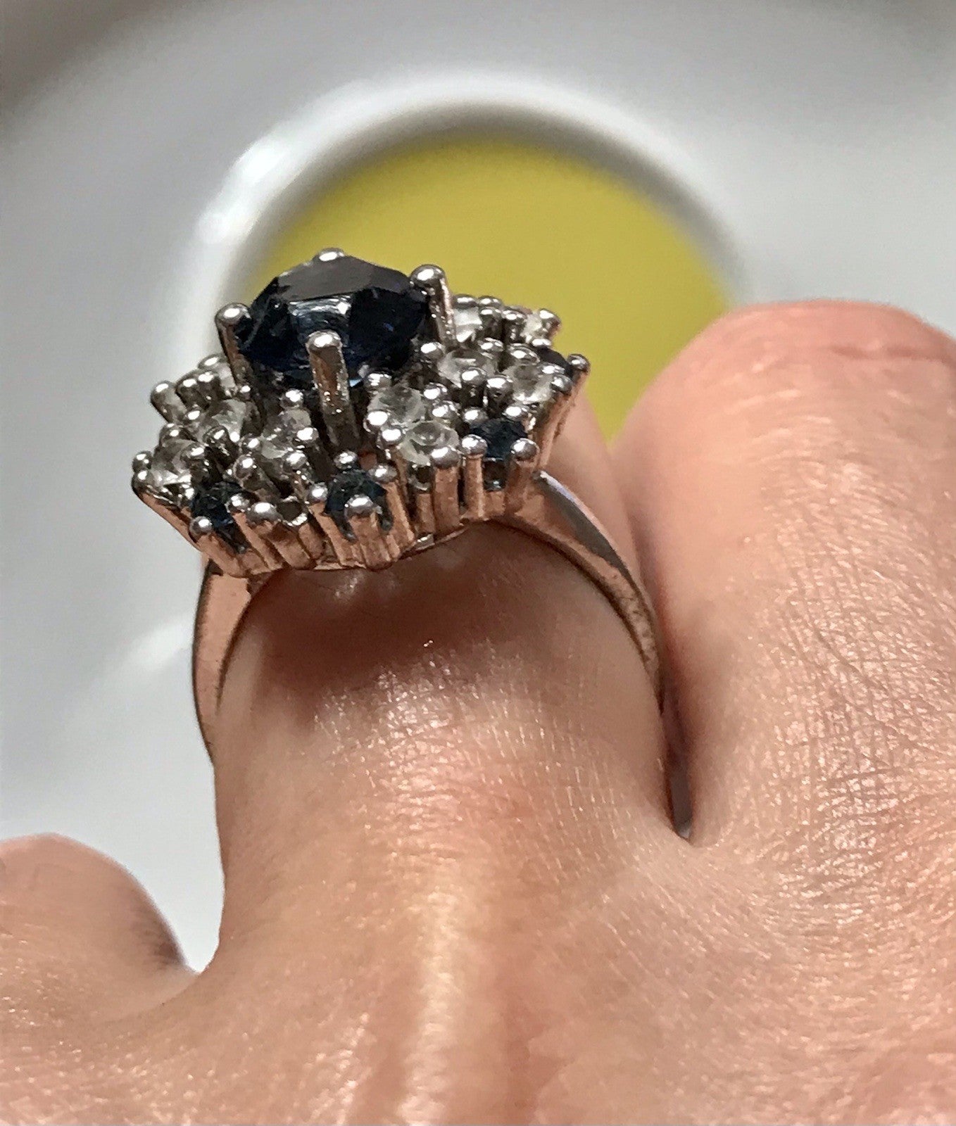 Vintage Entourage Halo Ring farblose Steine & Saphir Silber 835  ~Gr.55 17,5