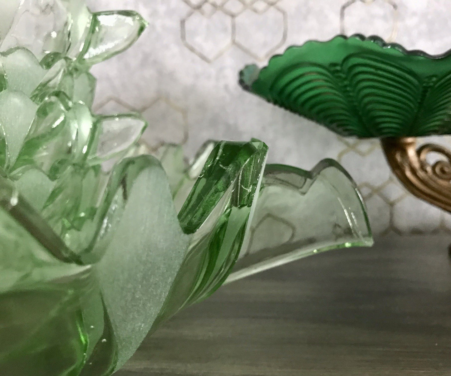 Antik Set grün Dessert Kompott Eis Schale 5x Schälchen Pressglas Art Déco Griffe