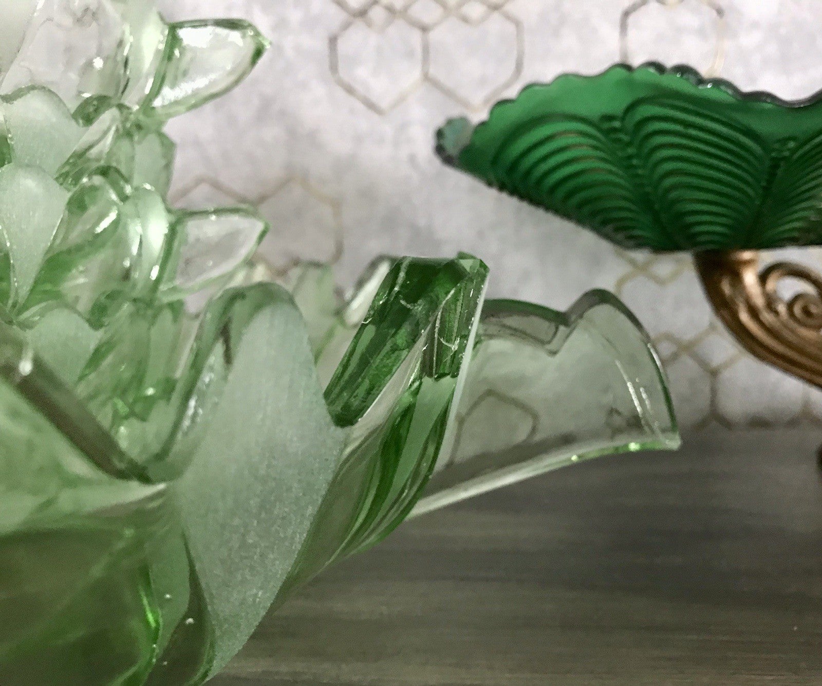 Antik Set grün Dessert Kompott Eis Schale 5x Schälchen Pressglas Art Déco Griffe