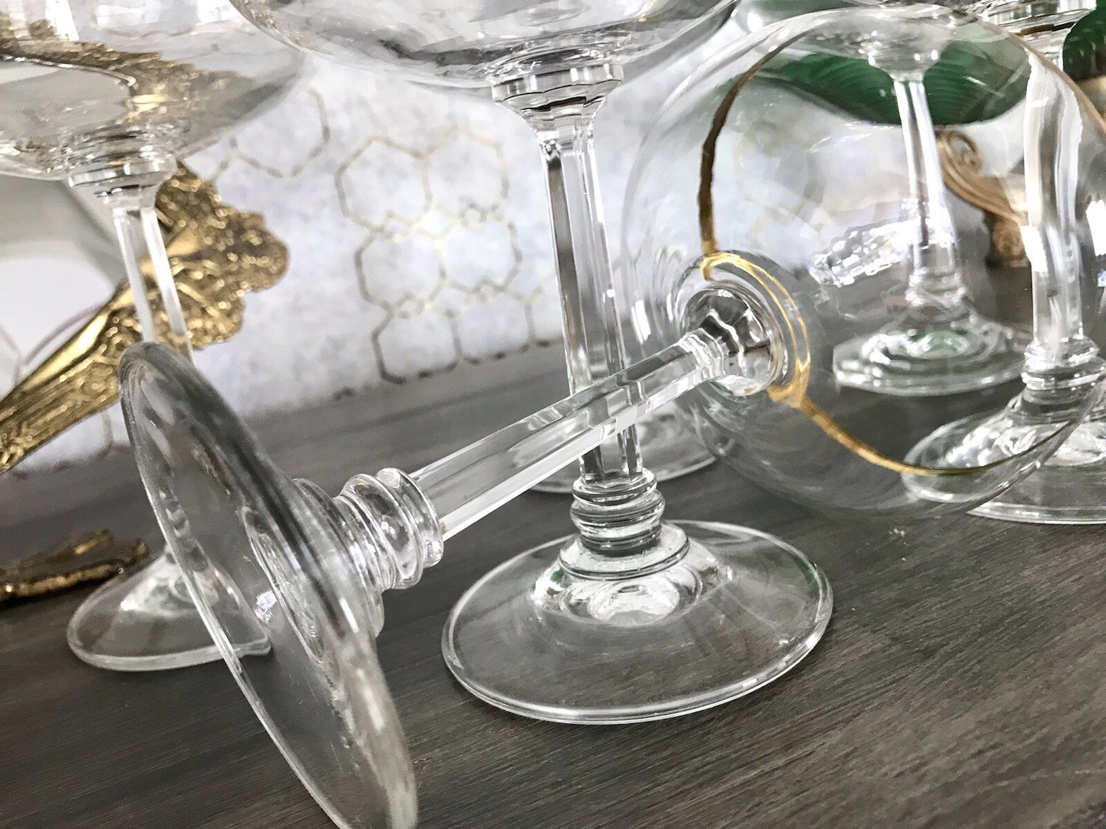 Antik? Art Déco 6 x Champagnerschalen Sekt Gläser Goldrand Lausitzer? Crystal