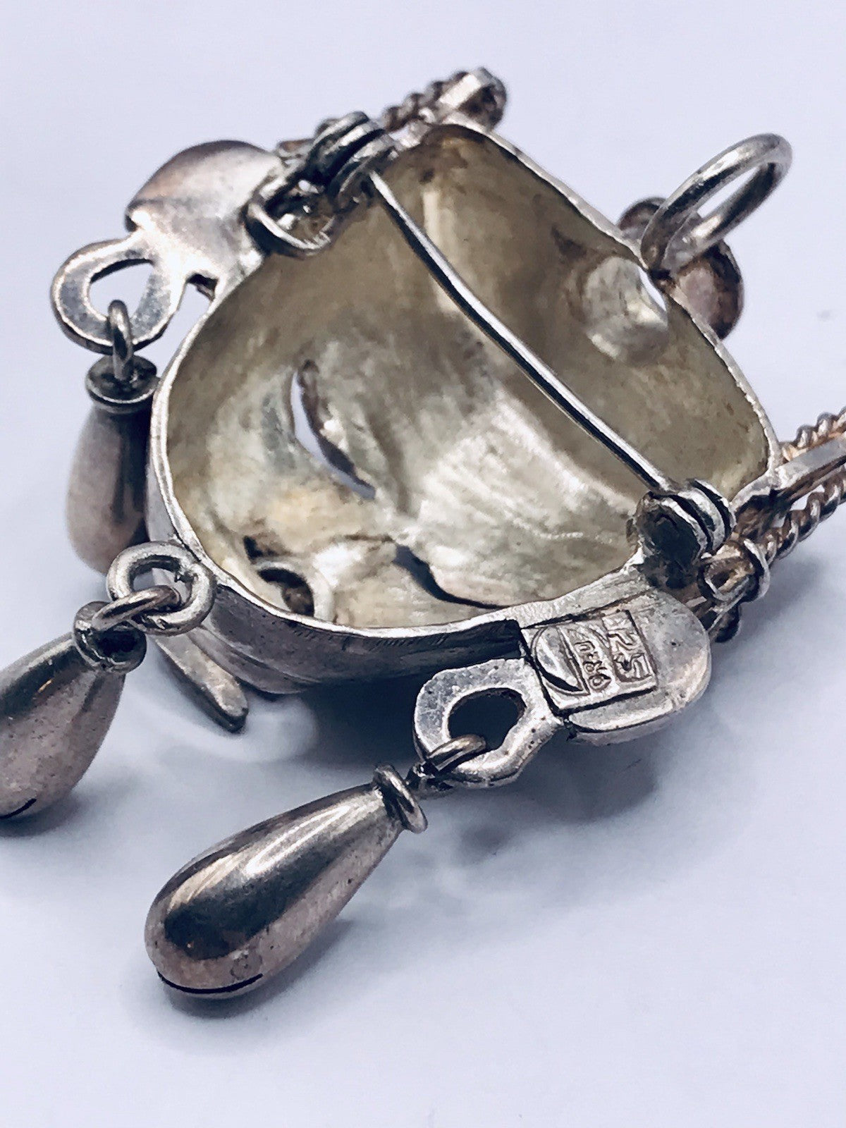 Vintage Azteken Kopf Ethno Maya 2in1 Anhänger Kettenanhänger Brosche 925 Silber