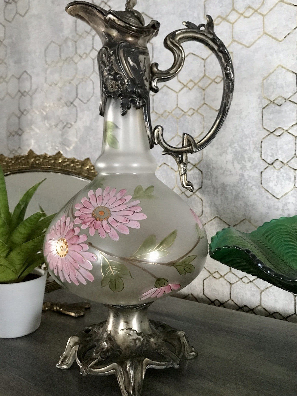 Antik Legras Karaffe Dekanter Schankkrug Glas versilbert Montur bemalt