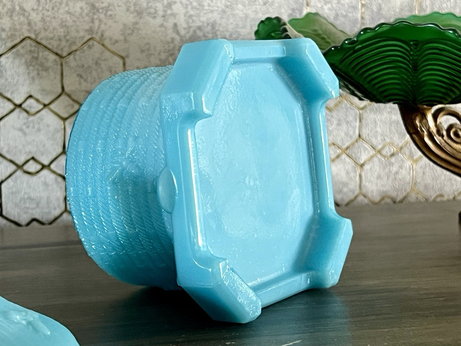 Antik Portieux 1900 Bienenstock Glasdose Dose Opalglas Deckeldose blau Pressglas