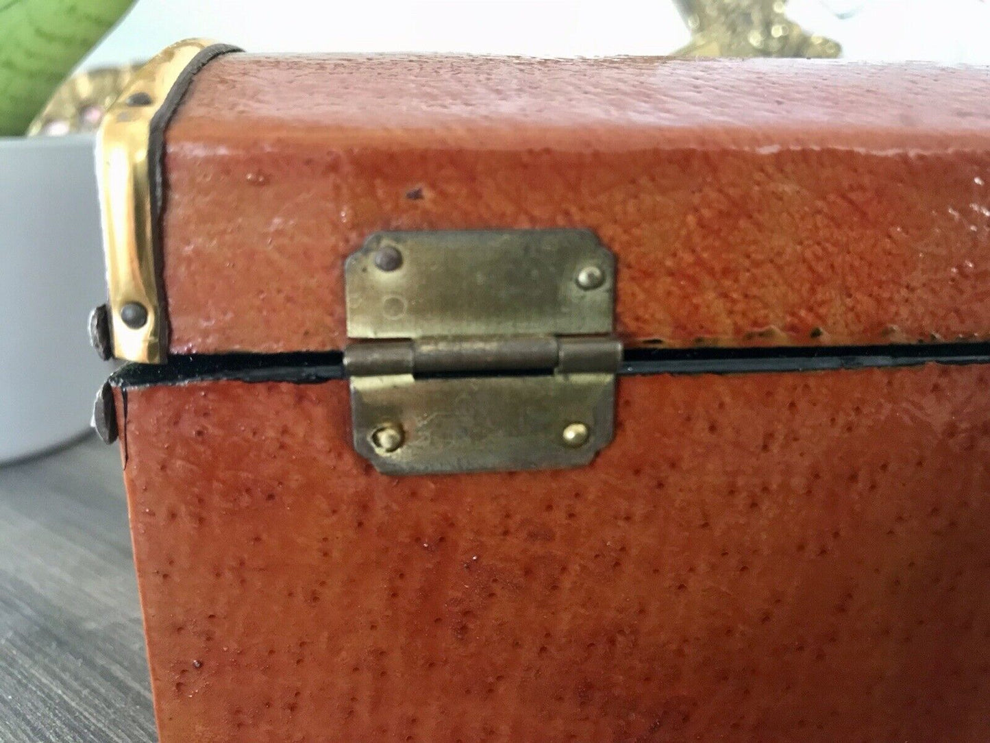 Vintage Schatulle Schmuckdose Dose Kästchen Leder bezogen Cognac