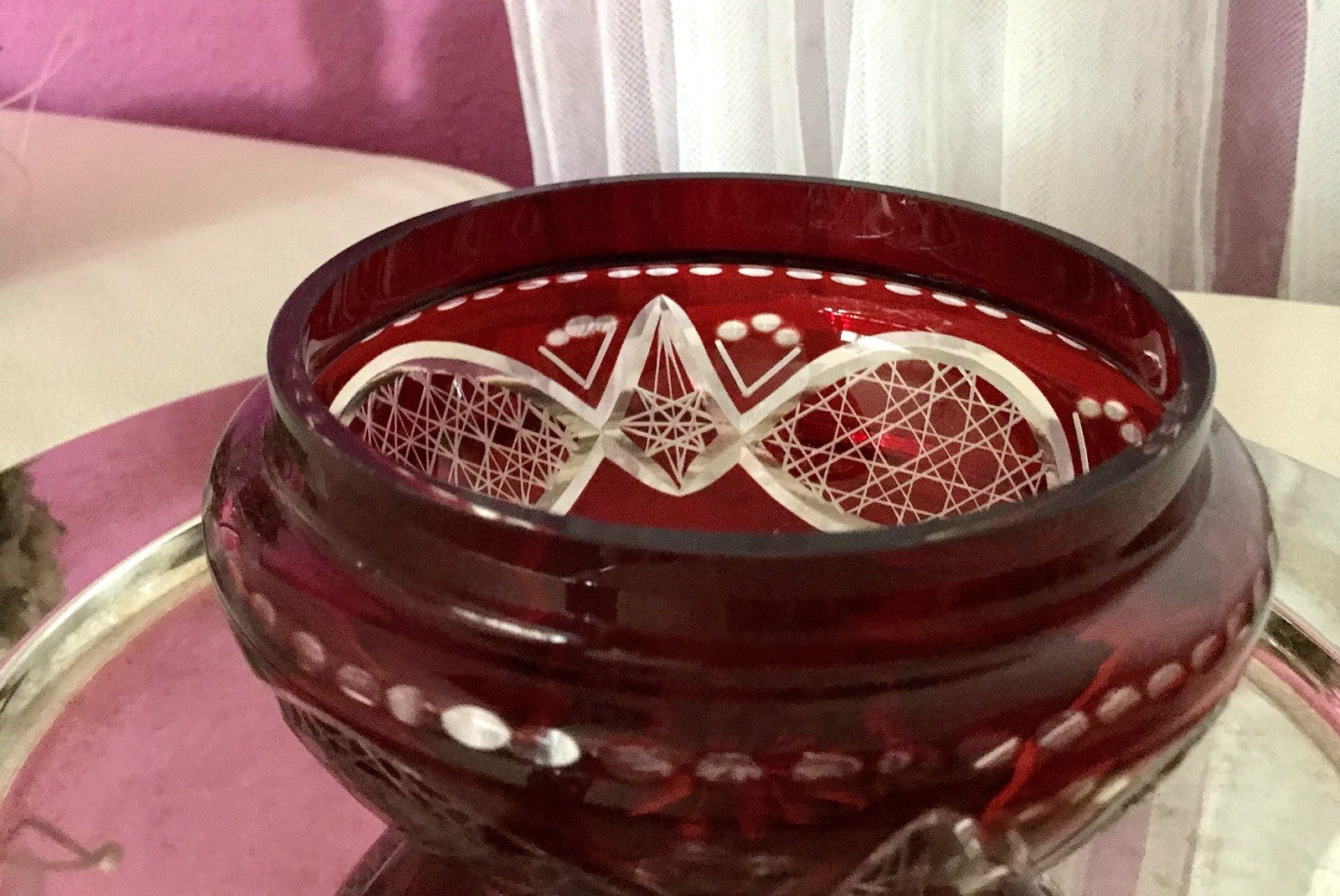 Vintage EDEL Glasdose Deckeldose Bonboniere Kristallglas Schliff Rubin Rot