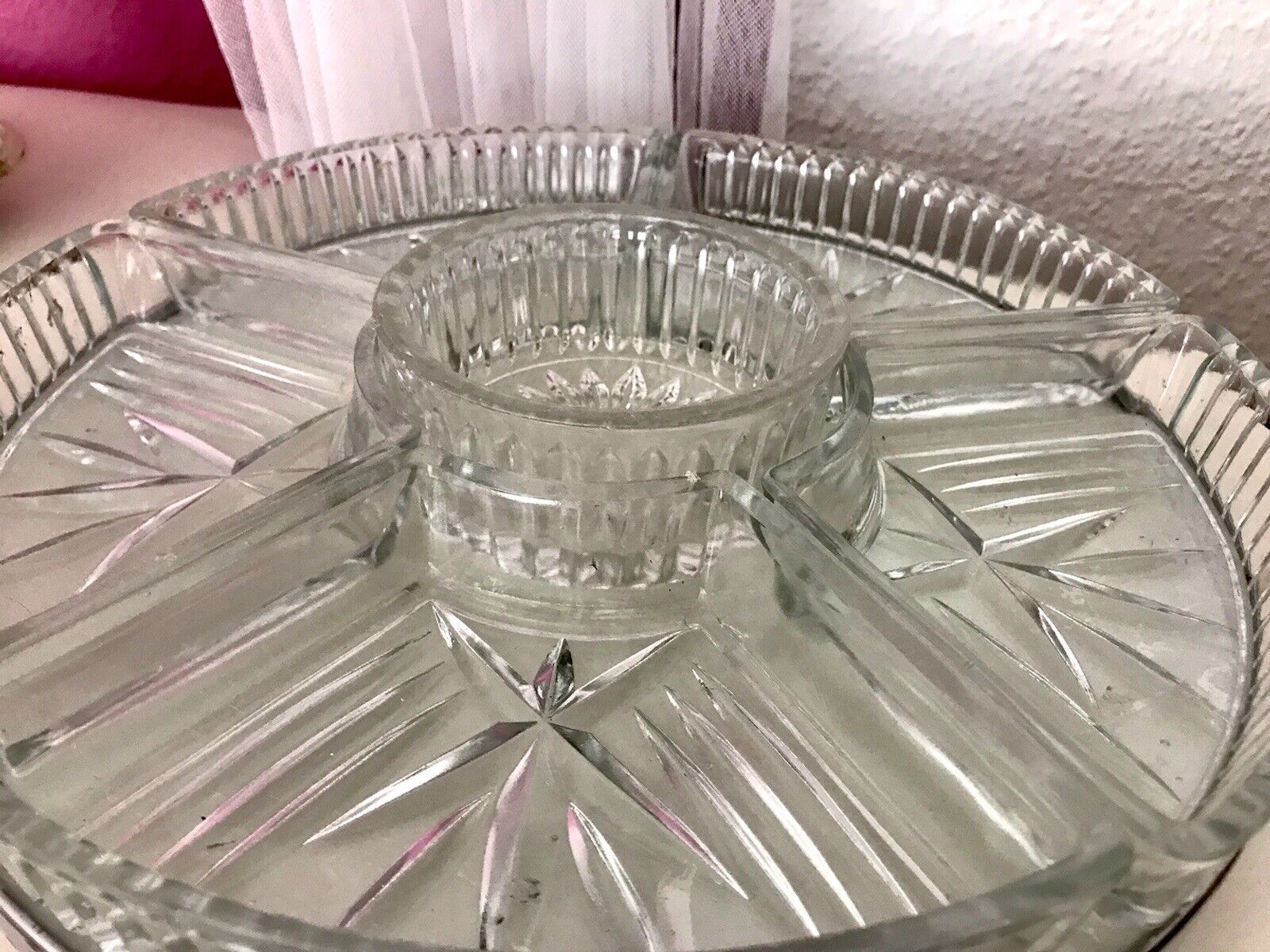 Antik schöne Art Déco Schale Tafelaufsatz Kabarett-Schale Pressglas drehbar